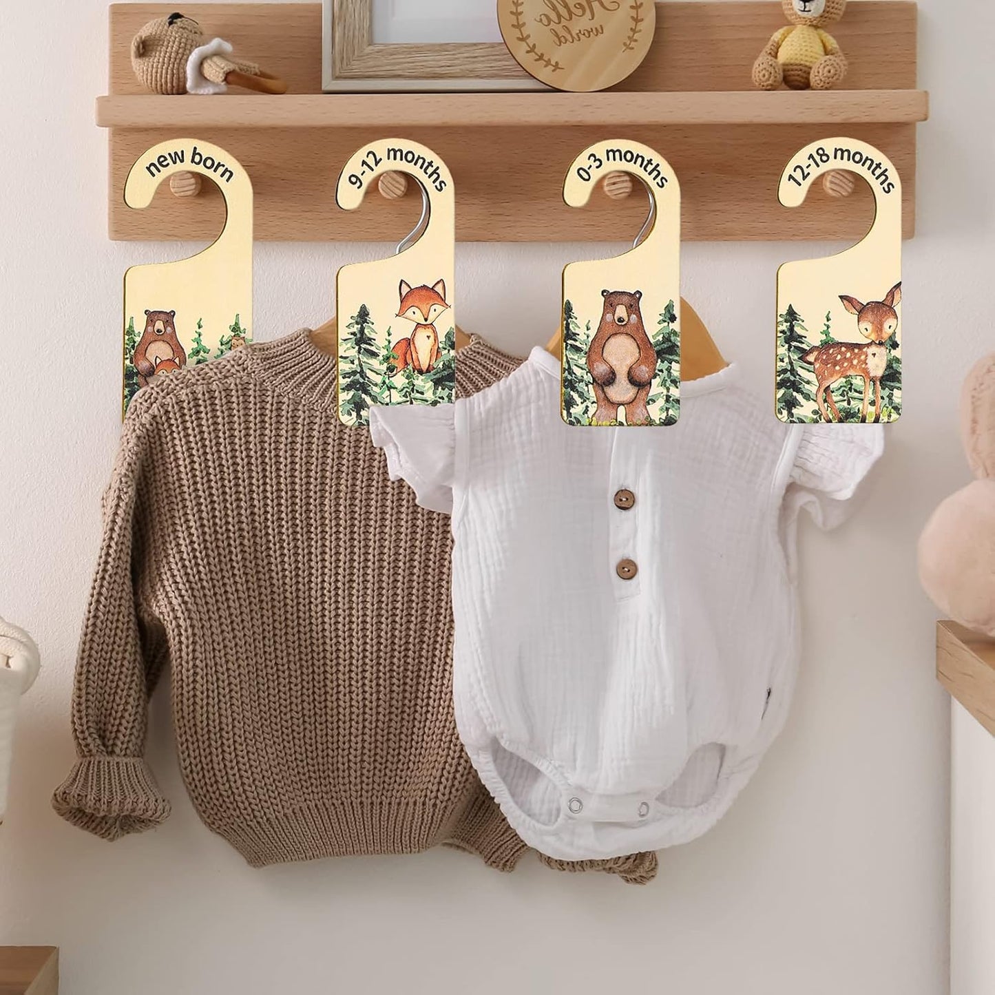 Whaline 8Pcs Woodland Design Hanging Wooden Baby Closet Size Dividers and Organizer - Newborn to 24 Months - Thicken Wardrobe Organizer for Home Nursery Clothes Decor