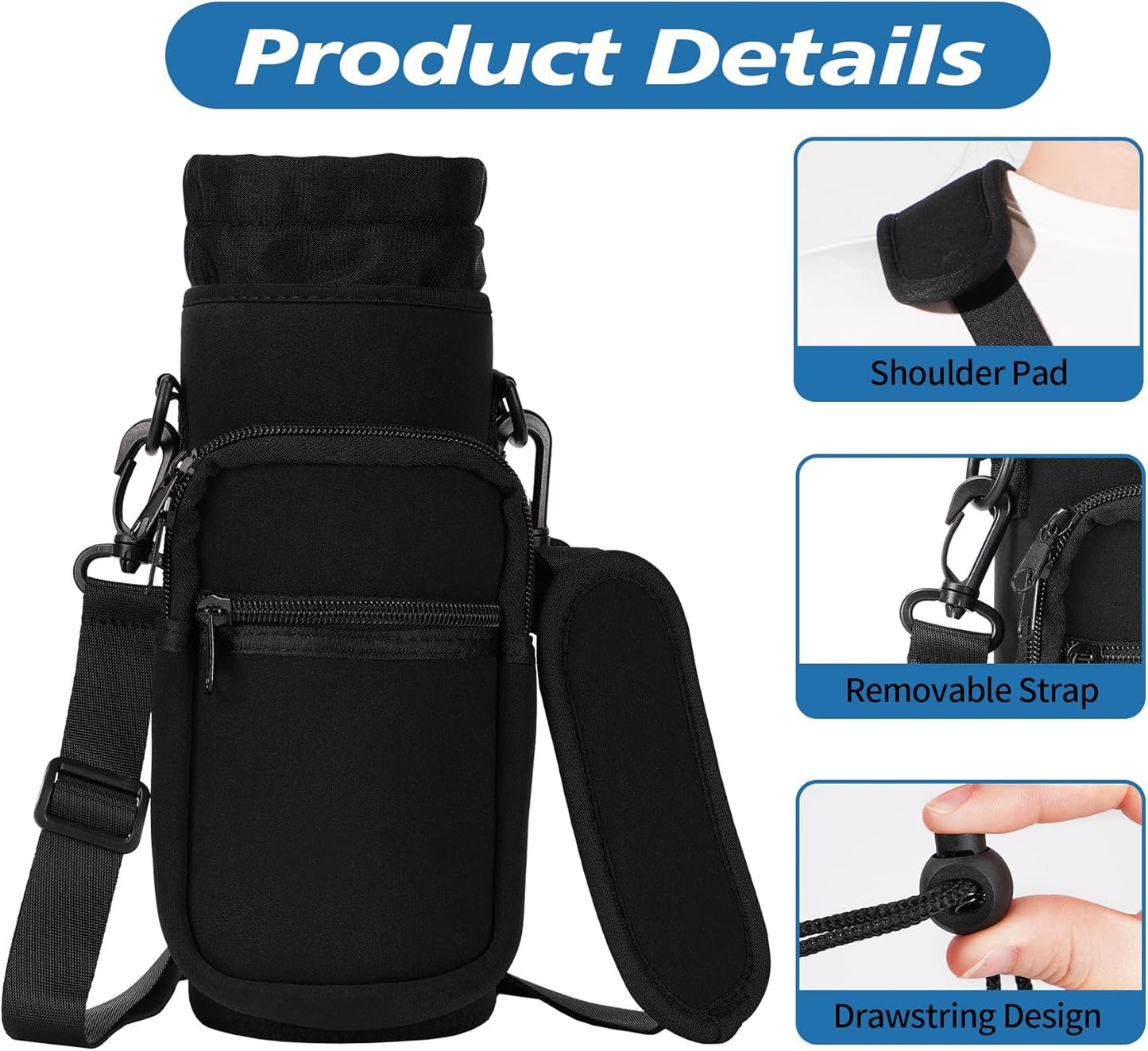 32 40 oz Water Bottle Carrier with Strap, Neoprene Water Bottle Sleeve Bag with 2 Pockets Insulated Flask Sling Holder for Walking Hiking Gym