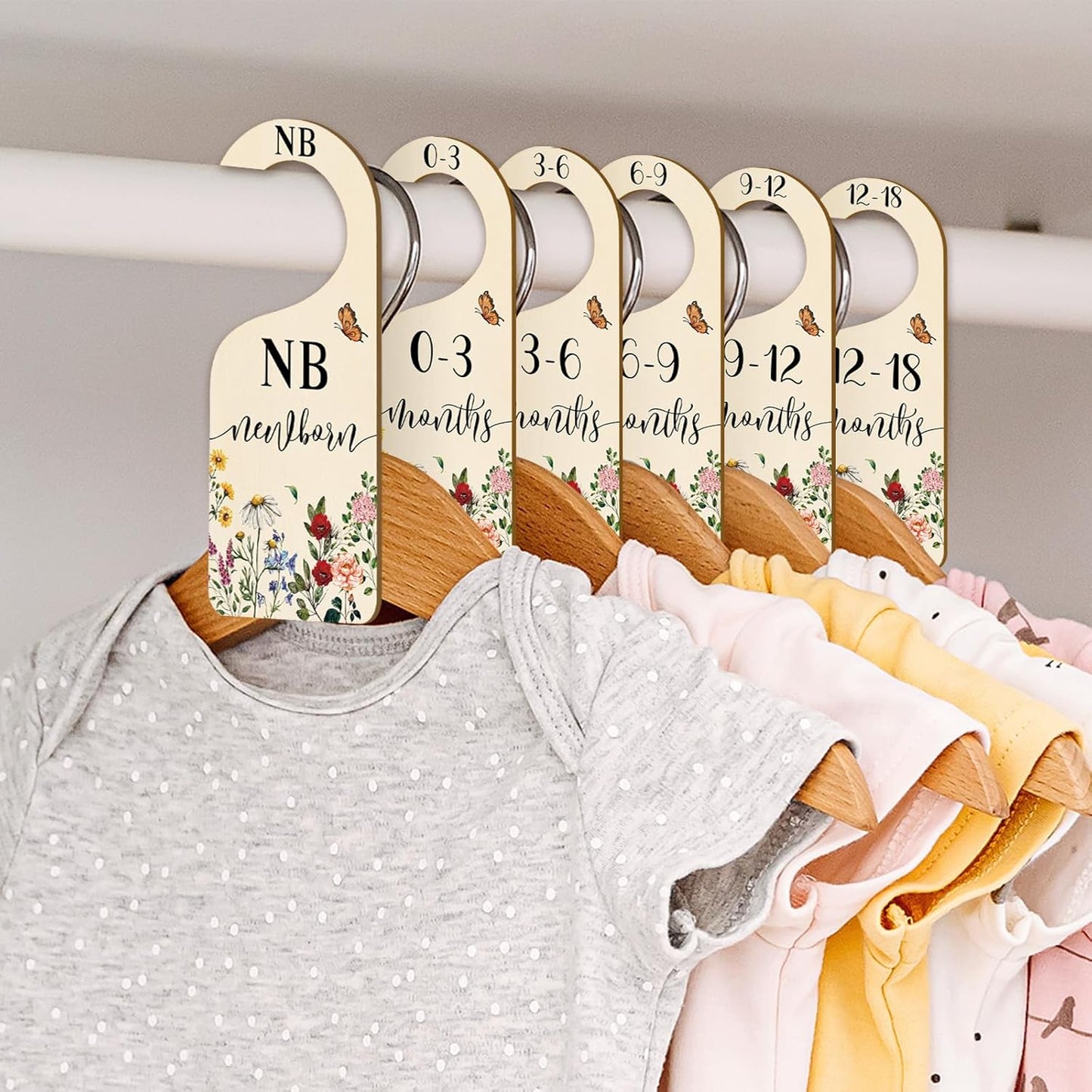 Whaline 8Pcs Vintage Wildflower Hanging Wood Baby Closet Size Dividers and Organizer - Newborn to 24 Months - Thicken Wardrobe Organizer for Home Nursery