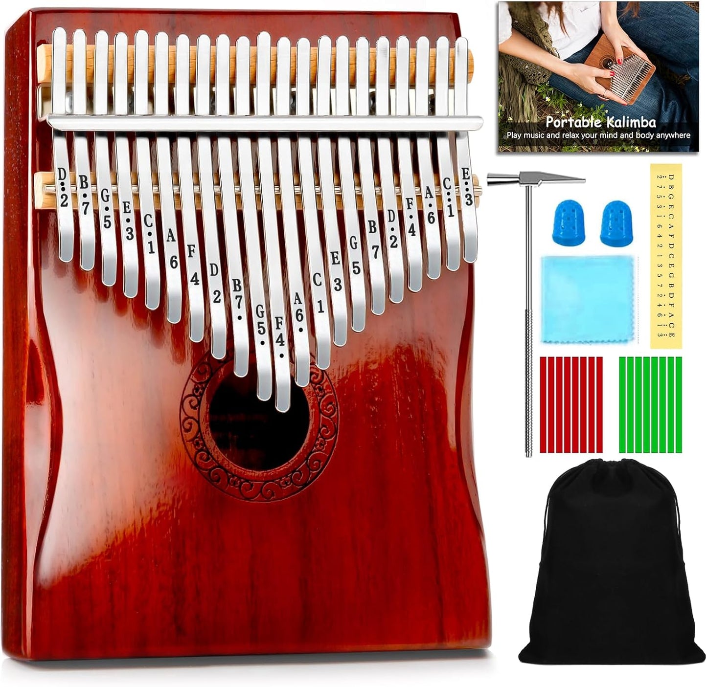 Kalimba Thumb Piano,YUNDIE Portable 21 Keys Mbira Finger Piano with Tune Hammer and Study Instruction,Musical Instruments Gift for Adult Beginners Professional(Brownish Red) (21 Keys)