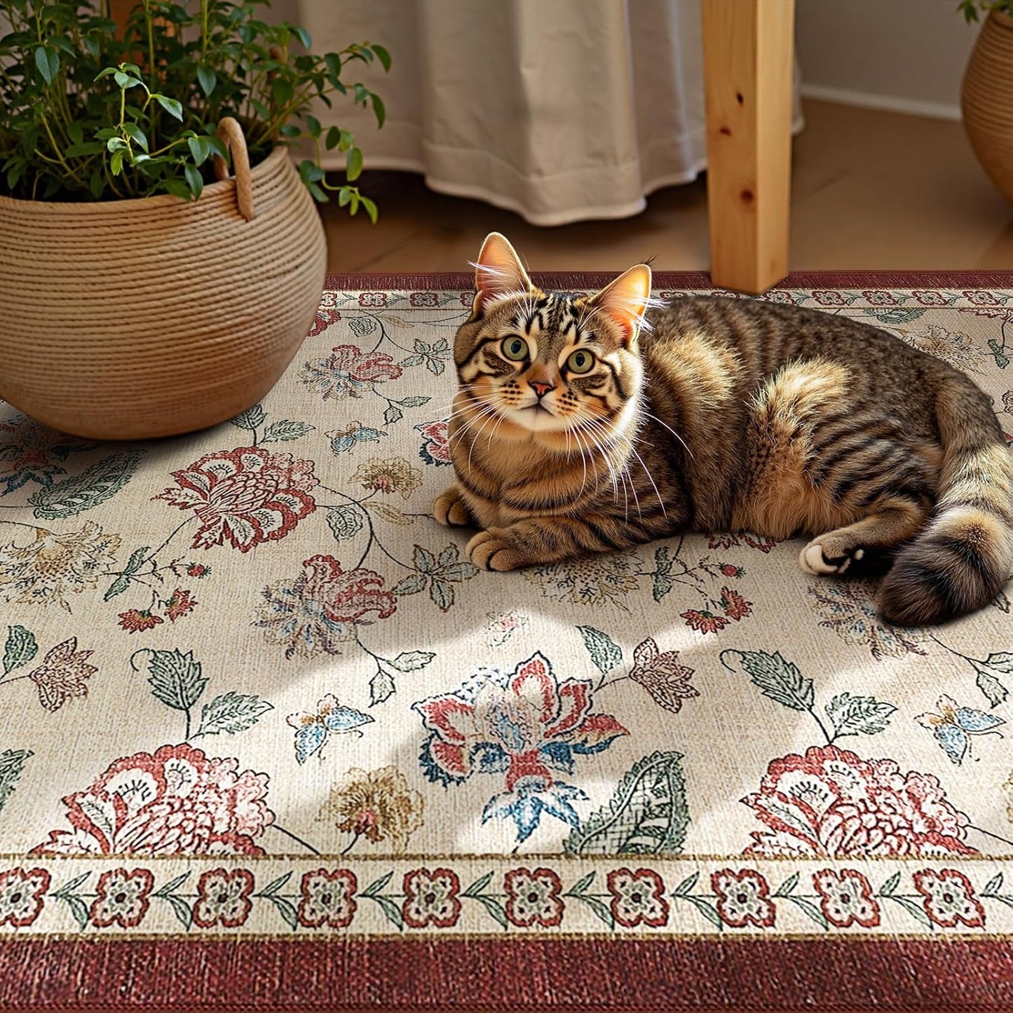 jinchan 3x5 Floral Rug for Entryway Washable Kitchen Rug Vintage Romance Design Small Mat Non Slip Indoor Doormat Lightweight Low-Profile Throw Carpet for Entrance Bathroom Laundry Room, Red/Beige