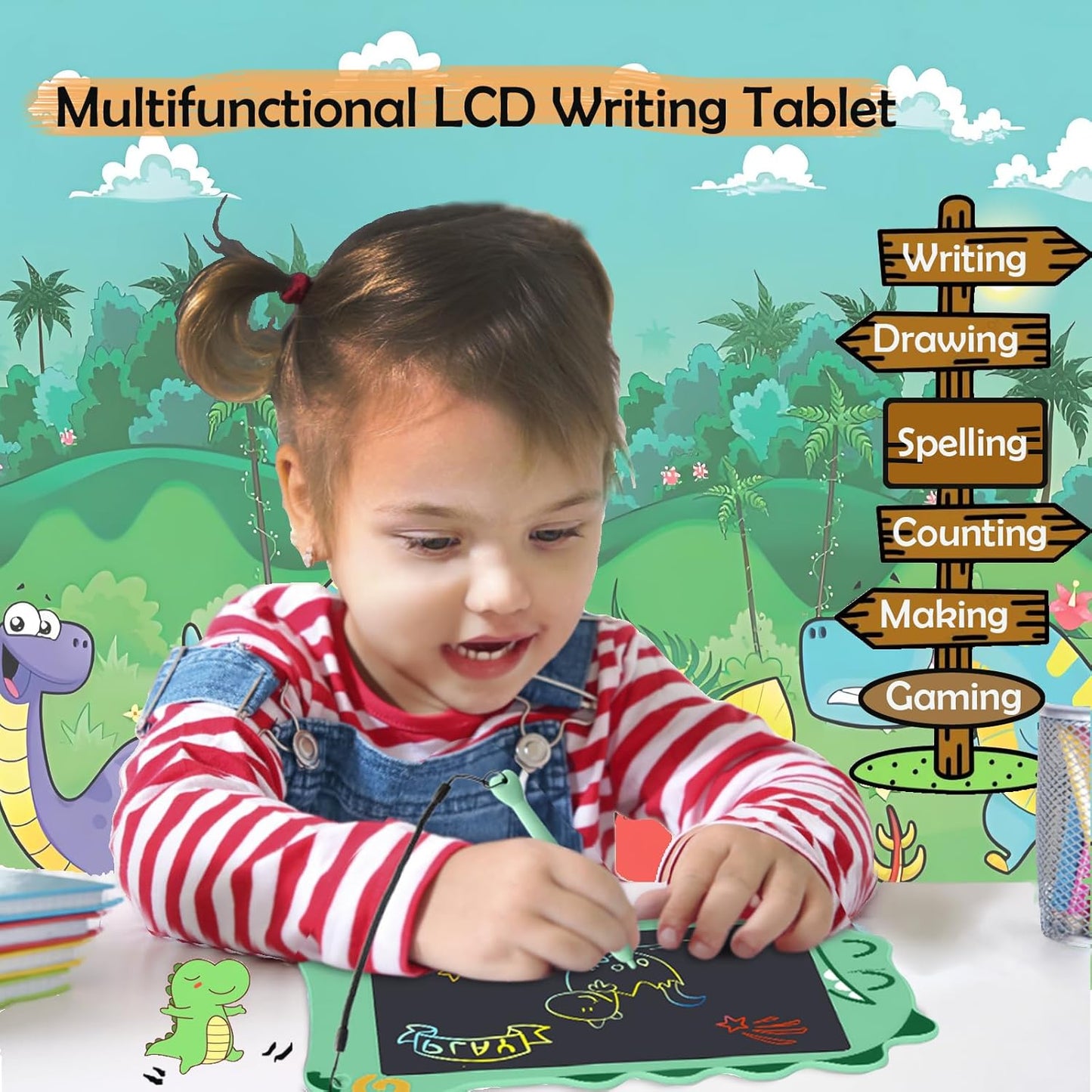 LCD Doodle Board Dinosaur Writing Tablet for Kids Toys, 8.5 Inch Colorful Todder Drawing Pad for Educational Learning Gift in Christmas Birthday Suitable for 3 4 5-8 Years Old Boys Girls (Green)
