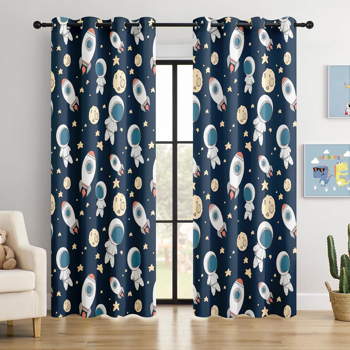 Kids Space Astronaut Planets Rockets Blackout Curtains - 100% Blackout, Thermal Insulated, Noise Reducing, for Kids Room and Nursery, 2 Panels (Astro Buddy Rockets, W52×L84)