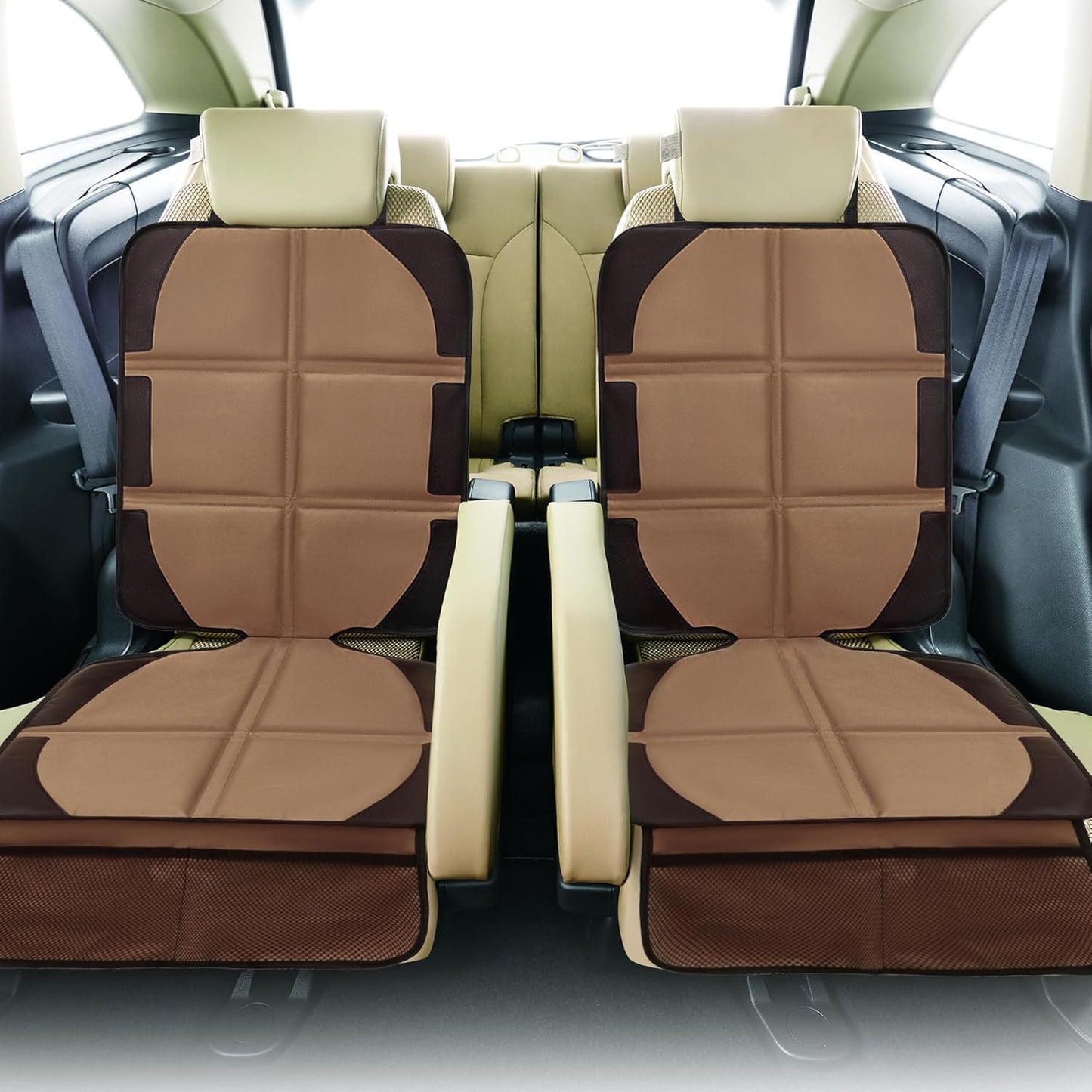 Car Seat Protector, 2 Pack Baby CarSeat Covers with Mesh Pockets & Non-Slip Backing 600D Durable Seat Protectors Under Car Seat for Baby (Black & Brown, Large)