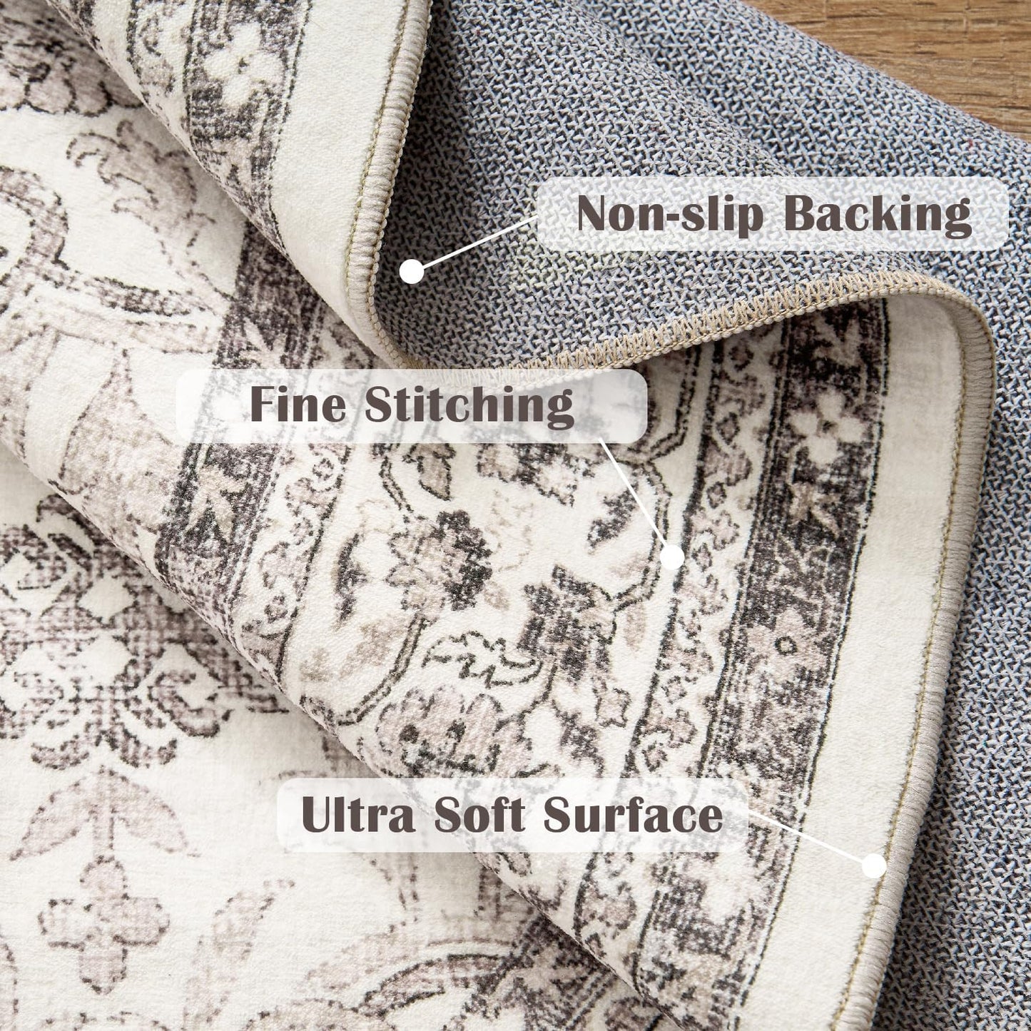 jinchan Round Rug 6ft Washable Circle Soft Rug - Low Pile Vintage 6'Round Indoor Beige Floral Print Stain Resistant Boho Carpet Ultra-Thin Non-Slip for Living Room Nursery Bedroom Dining Room Kitchen