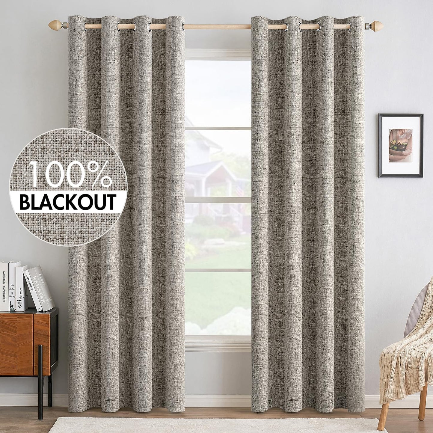 MIULEE Linen Texture Curtains for Bedroom Solid 100% Blackout Thermal Insulated Linen Curtains Grommet Room Darkening Drapes for Living Room Nursery 52x84 Inch (2 Panels)