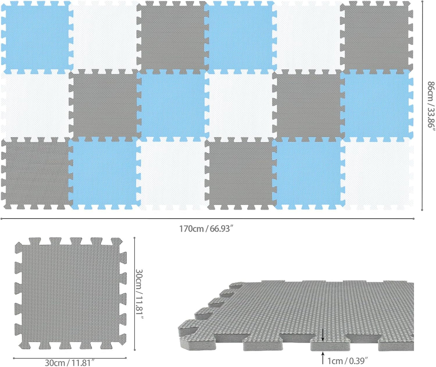 qqpp EVA Rubber 18 Tiles Interlocking Puzzle Foam Floor Mats - Baby Play Mat for Playing | Exercise Mat for Home Workout. White, Blue, Gray. QC-AGLb18N