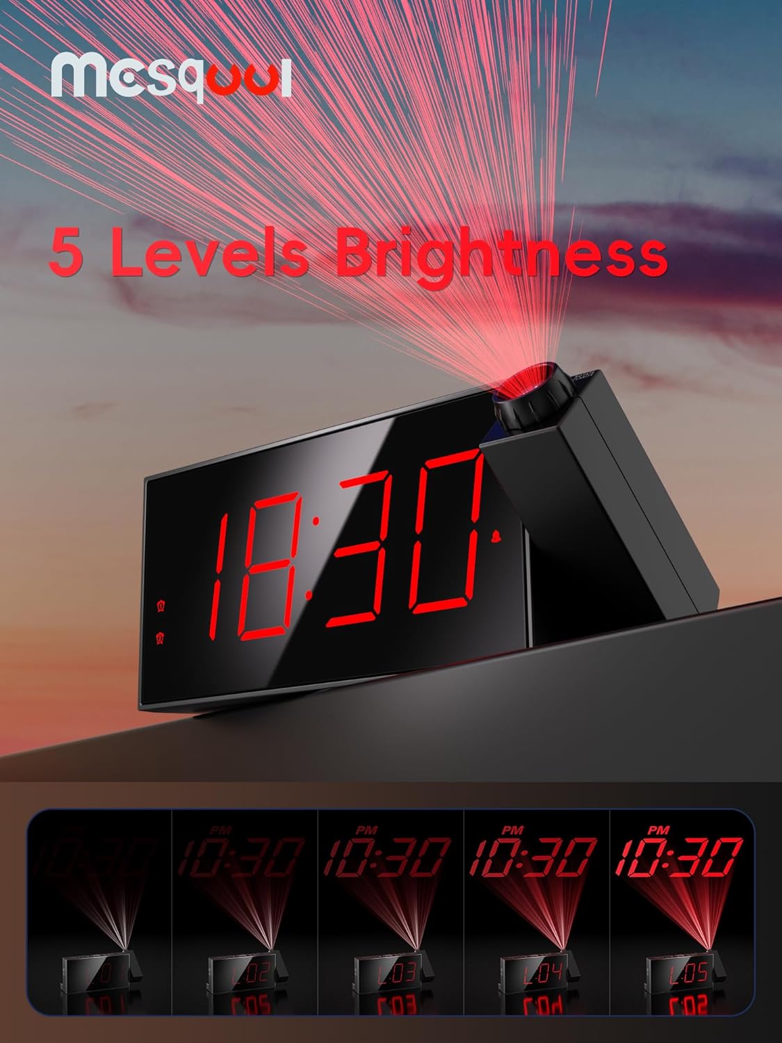 Mesqool Projection Alarm Clock, Loud Vibrating Alarm Clock for Heavy Sleepers, Adjustable Projection Brightness,Hearing Impaired & Deaf People, Digital Alarm Clock with USB Charging Port