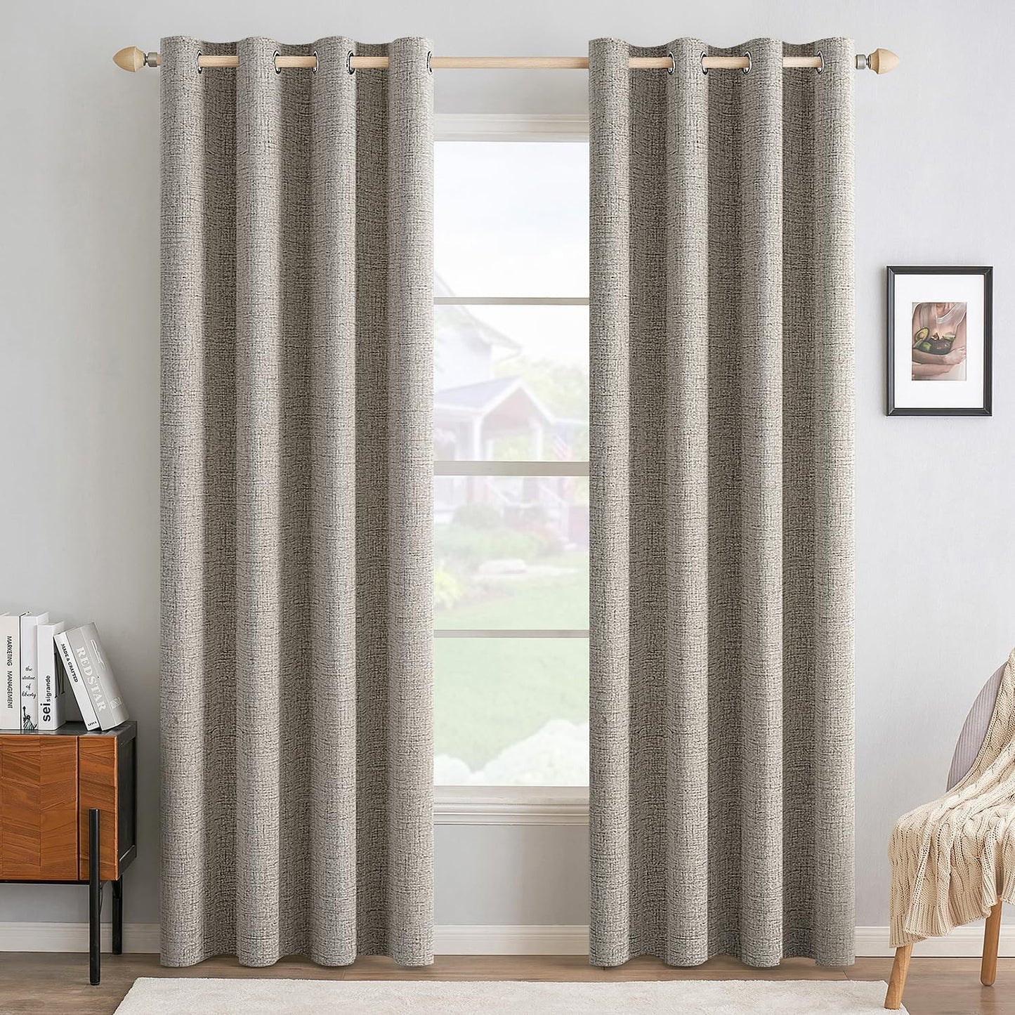 MIULEE Linen Texture Curtains for Bedroom Solid 100% Blackout Thermal Insulated Linen Curtains Grommet Room Darkening Drapes for Living Room Nursery 52x72 Inch (2 Panels)