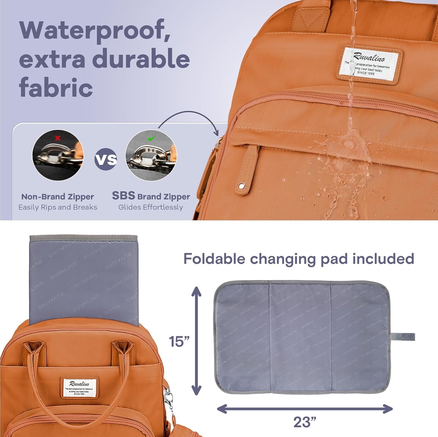 RUVALINO Diaper Bag Backpack-Multifunction Baby Travel Bag with Changing Pad, Insulated Bottle Holders & Pacifier Case, Large Capacity, Waterproof, Maple Orange