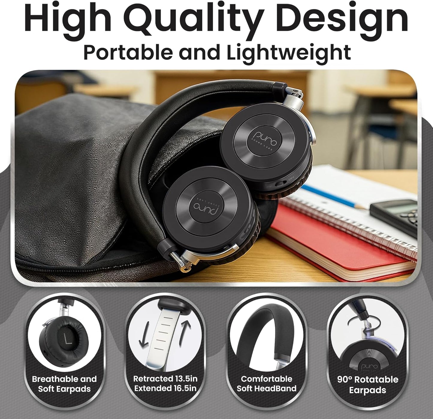 Puro Sound Labs JuniorJam Plus Volume-Limiting Wireless Bluetooth Headphones for Kids, Secure Audio with Adjustable On-Ear Design, 22-Hour Battery, Ideal for Tablets, Smartphones & PCs - Black