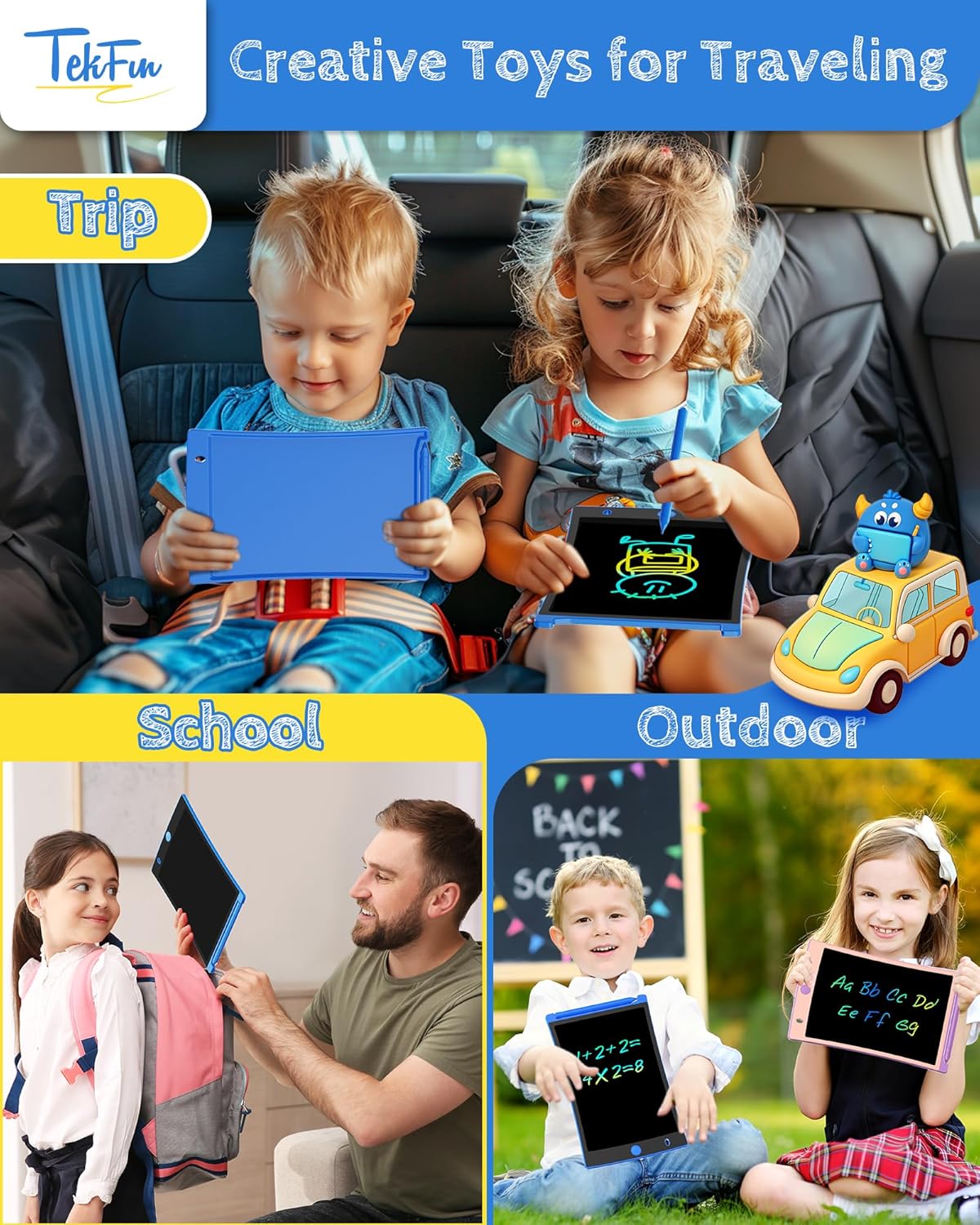 TEKFUN 2 Pack LCD Writing Tablet with Stylus, 8.5in Erasable Doodle Board Mess Free Drawing Pad for Kids, Car Trip Educational Toys Birthday Christmas Gift for 3 4 5 6 7 Girls Boys (2*Blue)