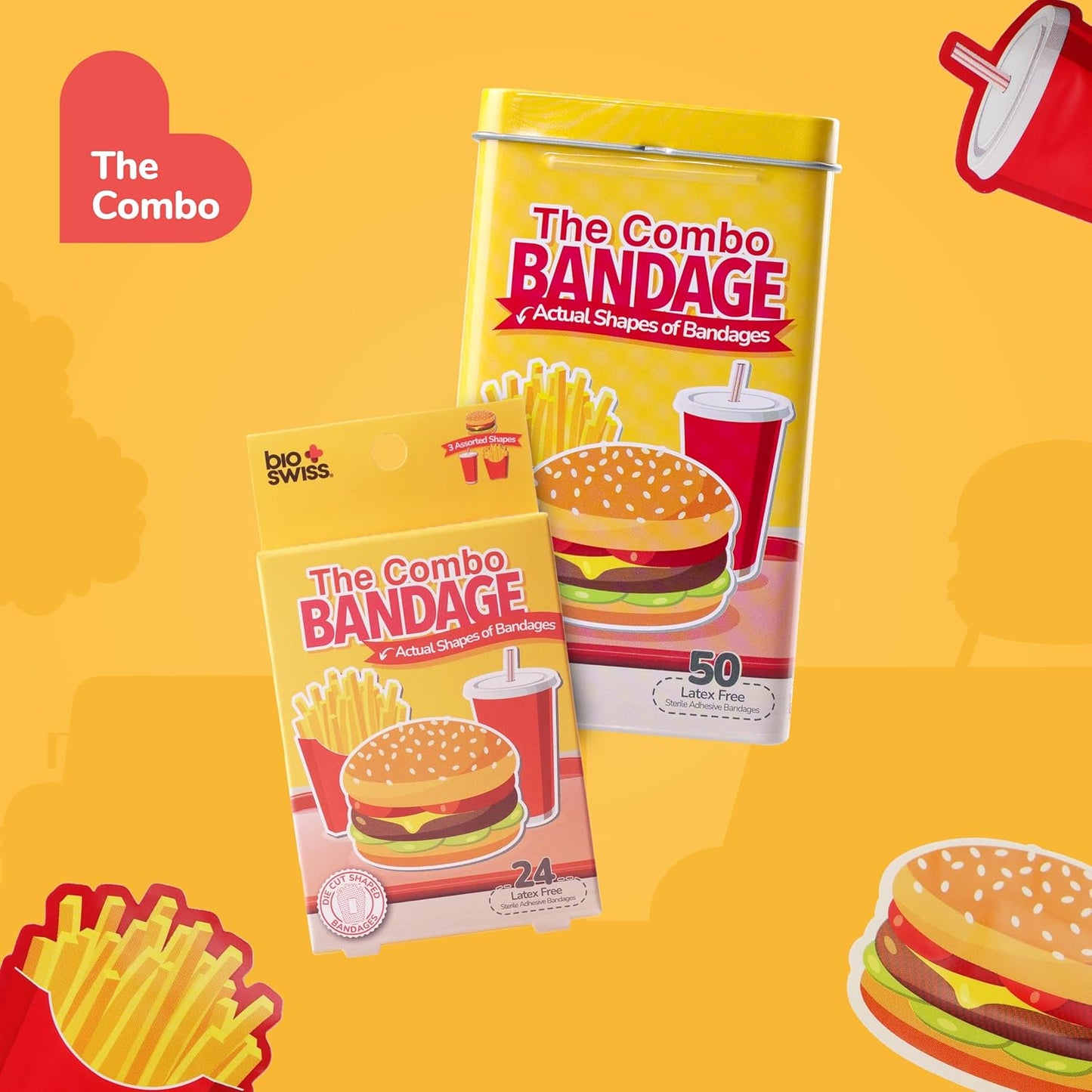 BioSwiss Bandages, Combo Meal Shaped Self Adhesive Bandage, Latex Free Sterile Wound Care, Fun First Aid Kit Supplies for Kids, 24 Count