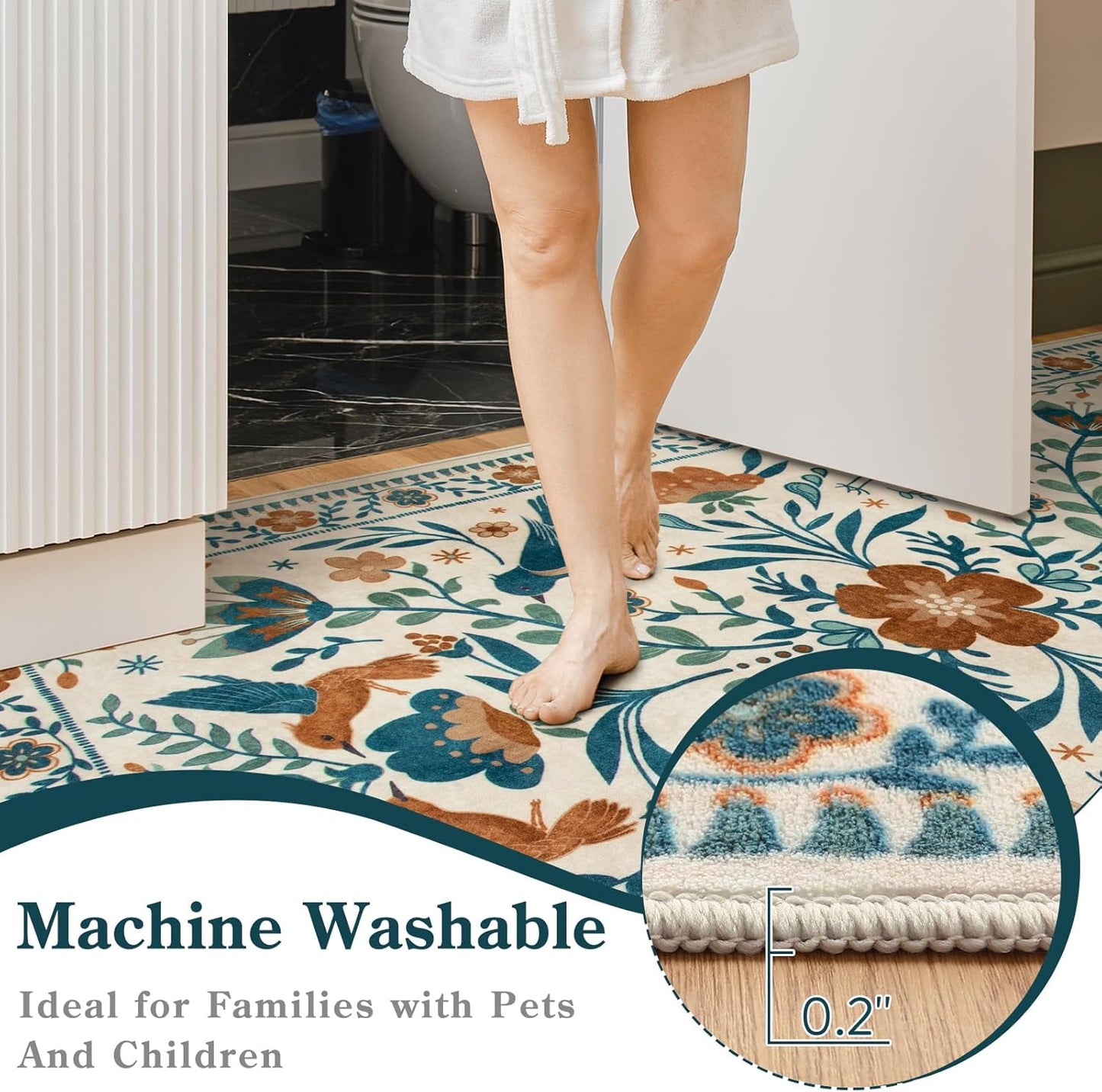 Moynesa Boho Bird Round Rug 6ft, Machine Washable Circle Area Rug for Living Room Ultra Thin Soft Large 6'x6' Bedroom Carpet for Office Kitchen Dining Room Under Table, Indoor, Easy Clean, Beige