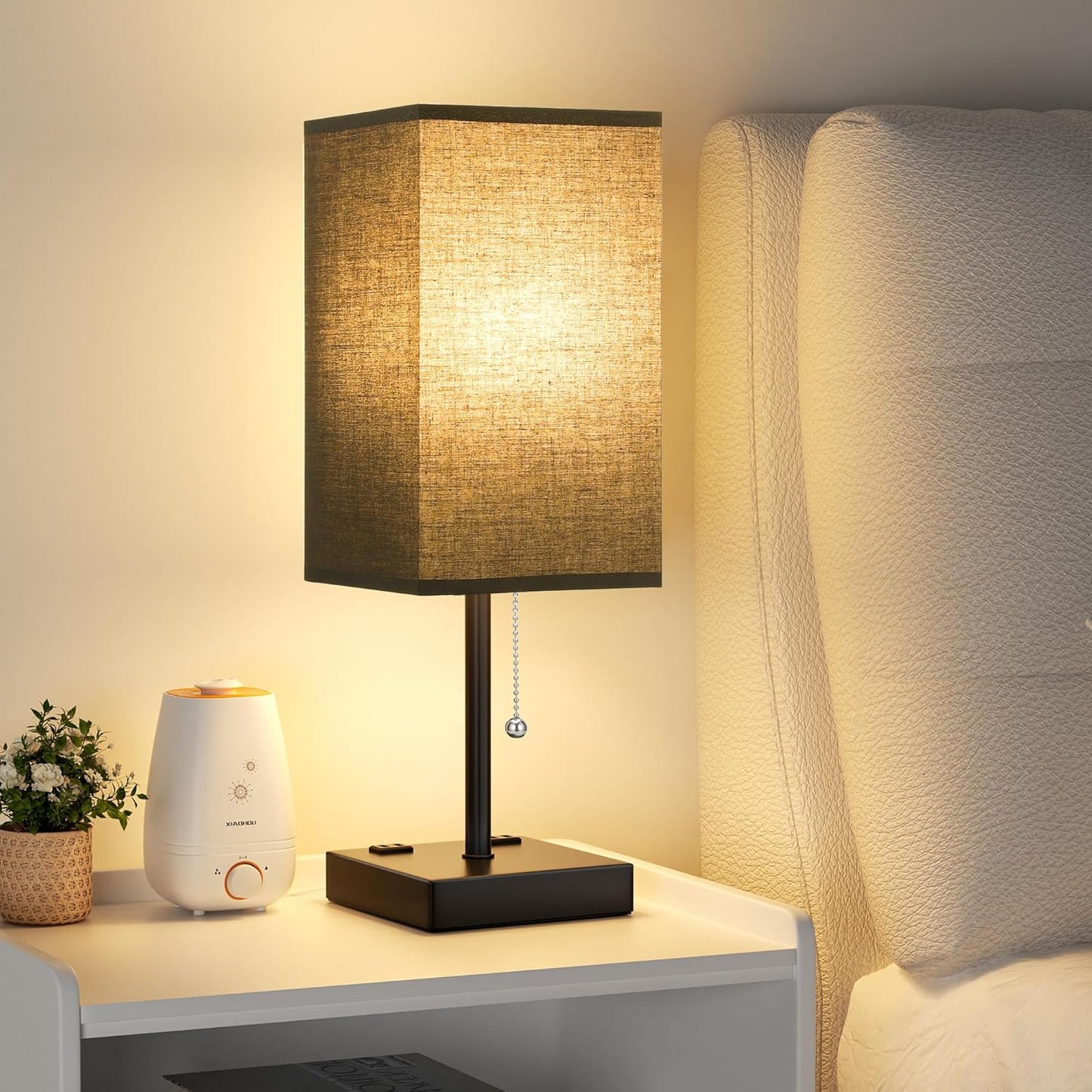 Black Table Lamp for Bedroom - 3 Color Temperature 3000K 5000K 4000K Bedside Lamp, Pull Chain Control, USB A and C Ports, AC Outlets, Bulb Included, Medium