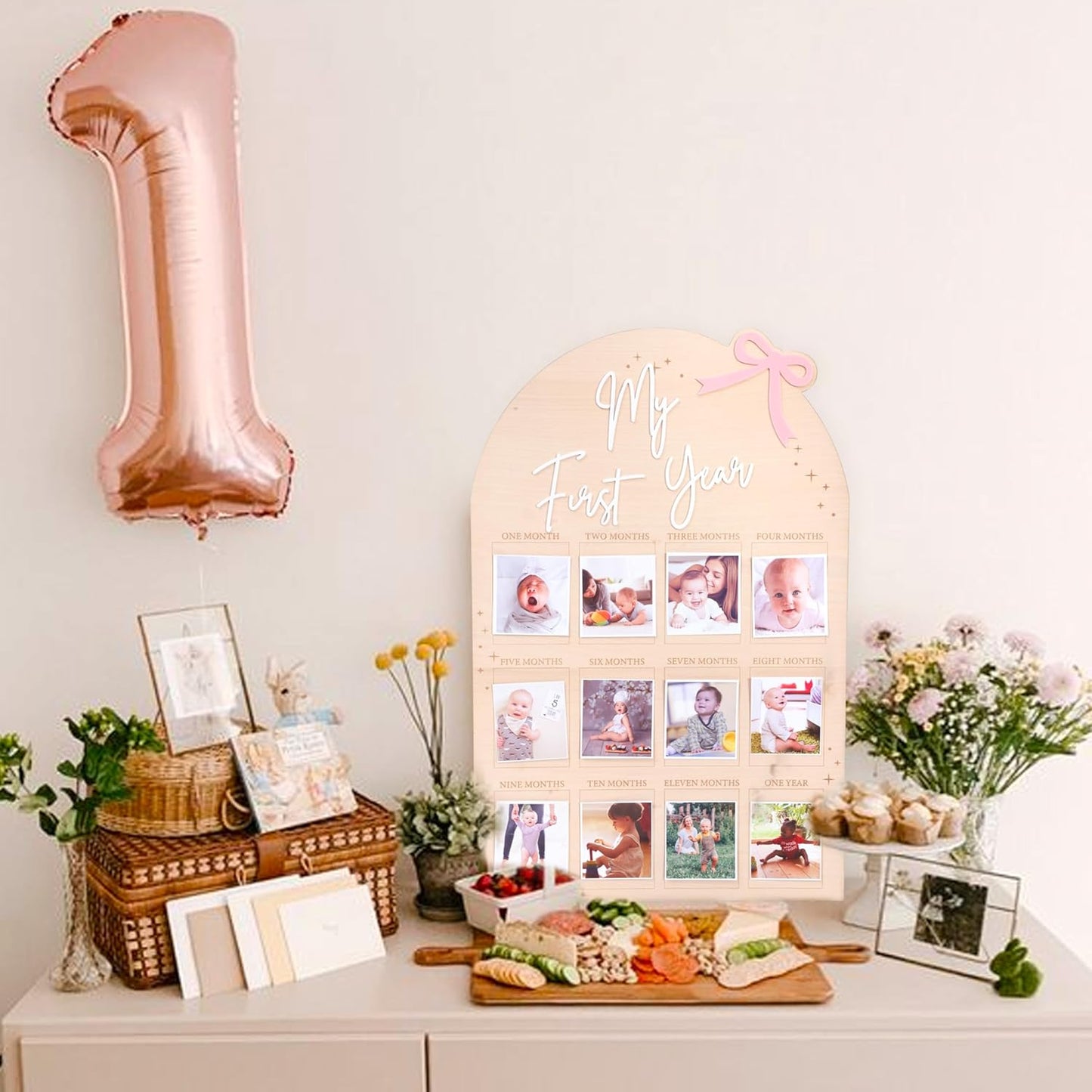 WAUAO Bow My First Year Birthday Board - One Year Of Photo Board,Monthly Milestone Wood Photo Board,First Birthday Decorations Girl,12 Months Photo Banner