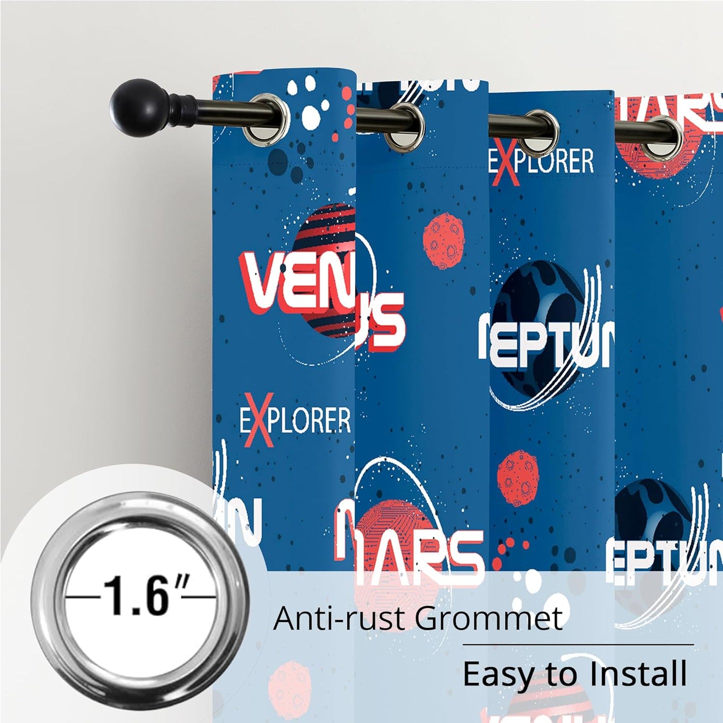 Kids Space Mars Blackout Curtains - 100% Blackout, Thermal Insulated, Noise Reducing,Bring The Cosmos Closer to Kids Room, 2 Panels (Planet Parade, W52×L63)