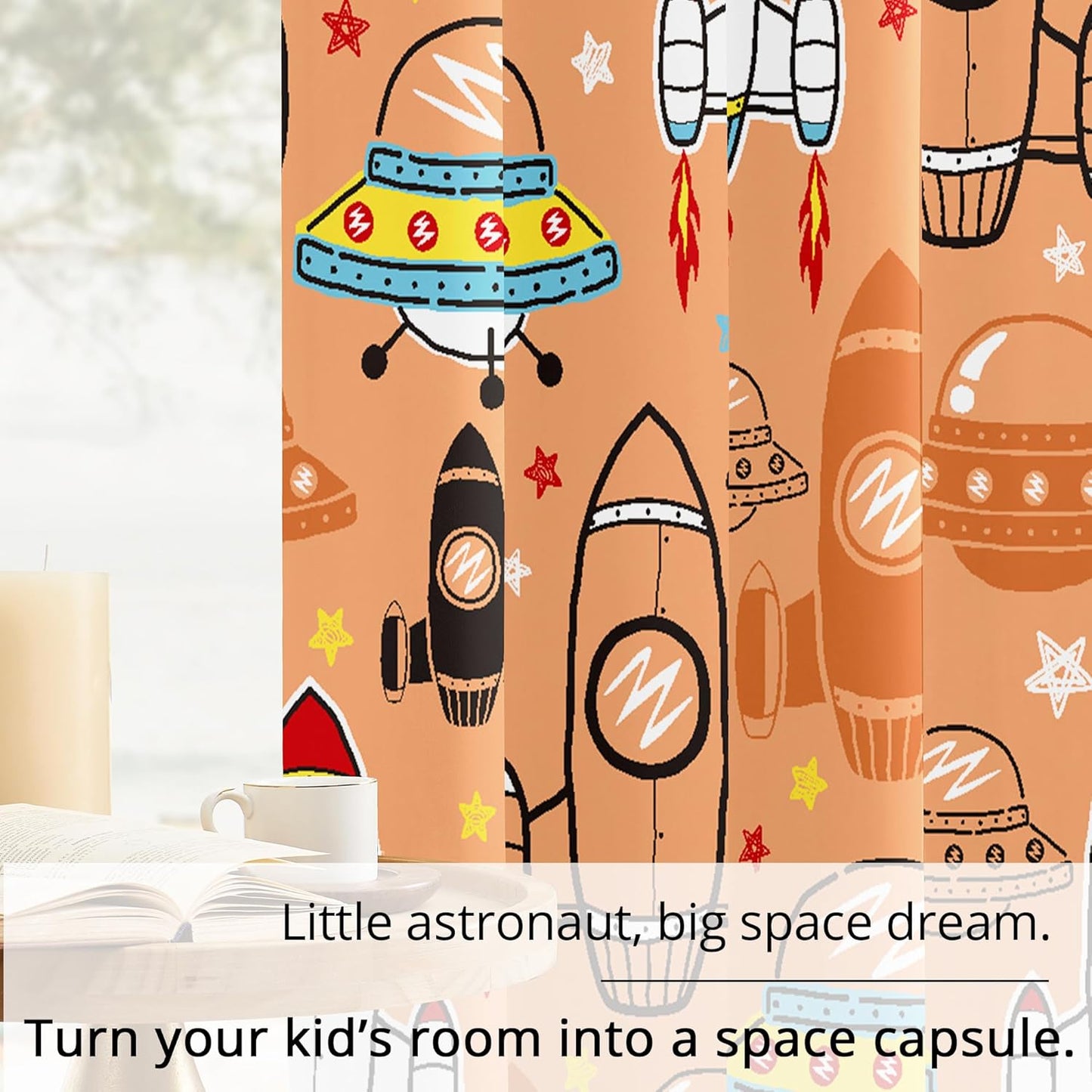 Kids Space UFO Rocket Blackout Curtains - 100% Blackout, Thermal Insulated, Noise Reducing, Perfect for Kids Room and Nursery, 2 Panels (Sunny Space Parade, W52×L63)