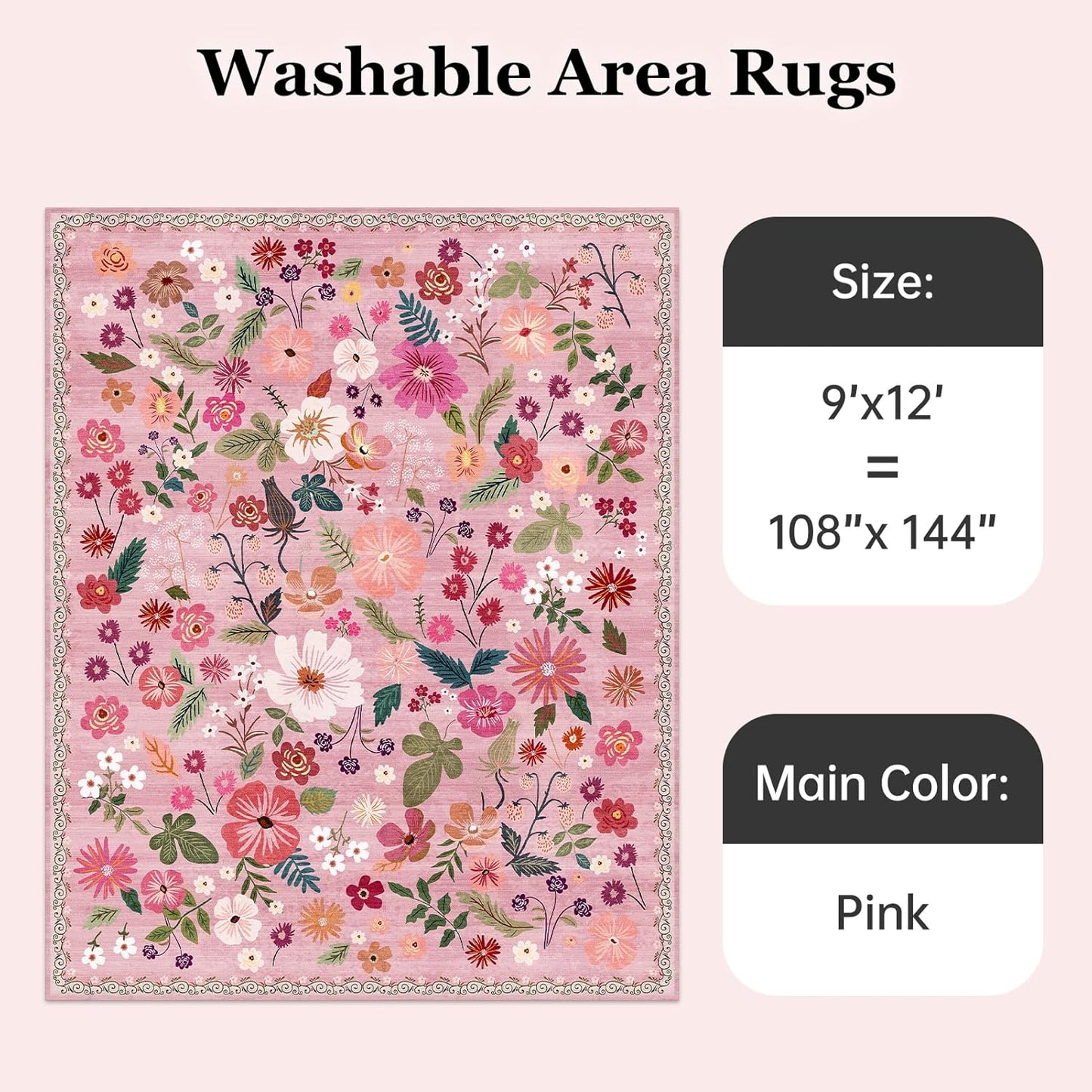 9X12 Rose Pink Rugs for Girls Bedroom Washable Floral Boho Aesthetic Carpet Rug Stain Resistant French Country Vintage Larege Area Rug for Living Room Dining Room College Dorm Kids Playroom Nursery