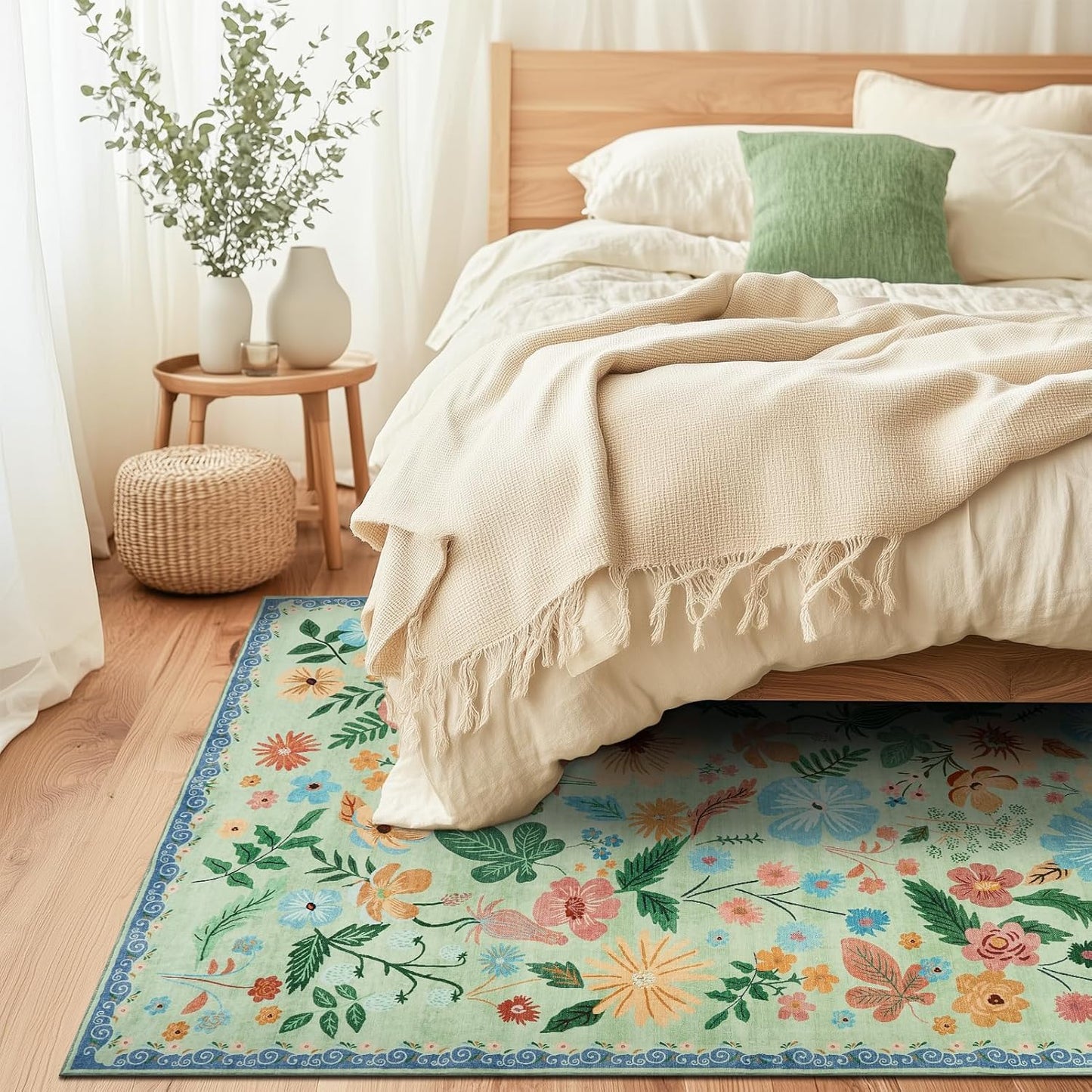 Farmhouse Rugs for Living Room 5x7 Sage Green Floral Faux Fur Low Pile Non Slip Washable Botanical Area Rug Stain Resistant Soft Vintage Carpet Rug for Bedroom Office Dining Room Kids Playroom Spring