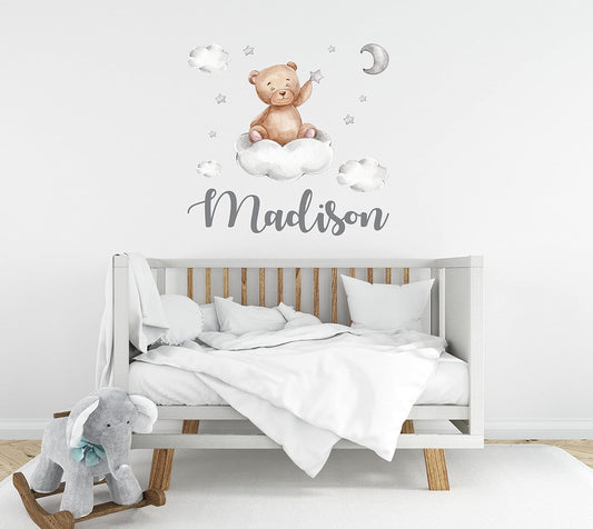 Custom Name Teddy Bear Nursery Wall Decal - Moon, Starts Clouds Watercolor Baby Room Decor for Boys & Girls - Teddy Bear Wall Stickers - Personalized Name Wall Sticker for Nursery playroom