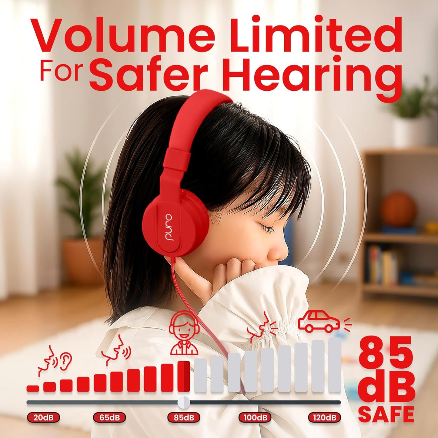 Puro Sound Labs PuroBasic Wired Headphones for Kids - Volume-Limiting & Adjustable with Microphone – Compatible with Smartphones, Tablets, PCs, and More – Safe, Durable Headphones for Kids – Red
