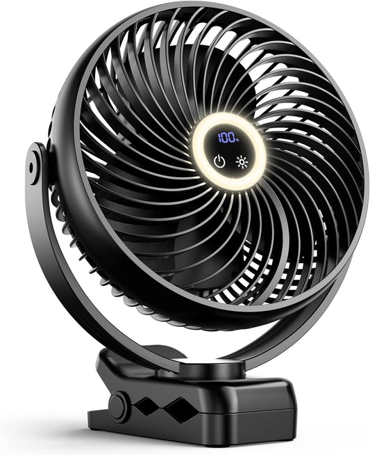 xasla 10000mAh Portable Clip On Fan With Light, 8 Inch Rechargeable Battery Operated Fan, 24H Long-last, Quiet Personal Camping Fan Digital Display, 3 Speed, 360° Rotate, for Gym Outdoor Travel