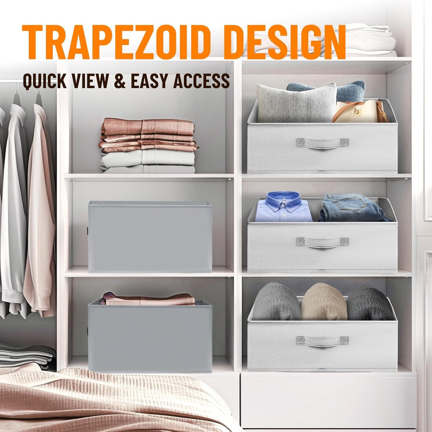 Criusia 4 Pack Large Closet Shelf Organizer Bins with Handles - Fabric Trapezoid Storage Baskets for Clothes, Towel, Blanket, Purse, Hats