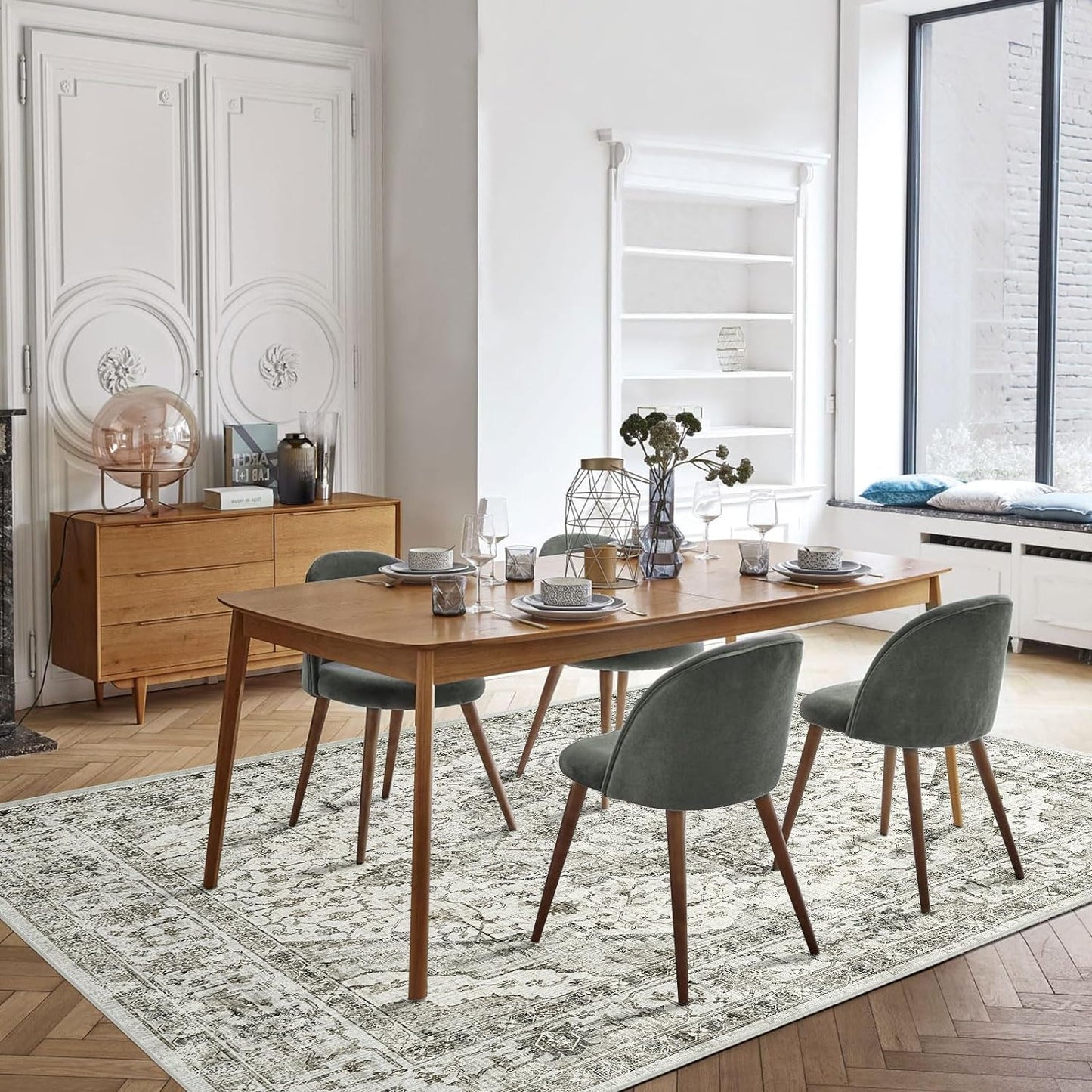 Boho Area Rug - 9x12 Distressed, Non Slip Washable, Large for Living Room, Bedroom, Dining Room, Office - Floor Decoration (Cream)