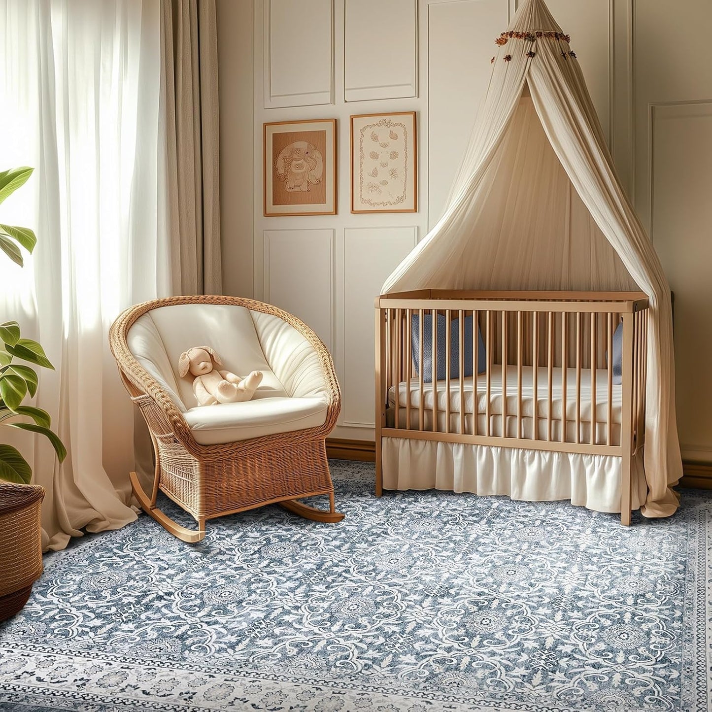 jinchan Floral Area Rugs 4x6 - Machine Washable Vintage Distressed Boho Design Throw Rug Stain Resistant Carpet Low Pile Ultra-Thin Non-Slip for Bedroom Living Room Dining Room Kitchen (4‘x6',Grey)