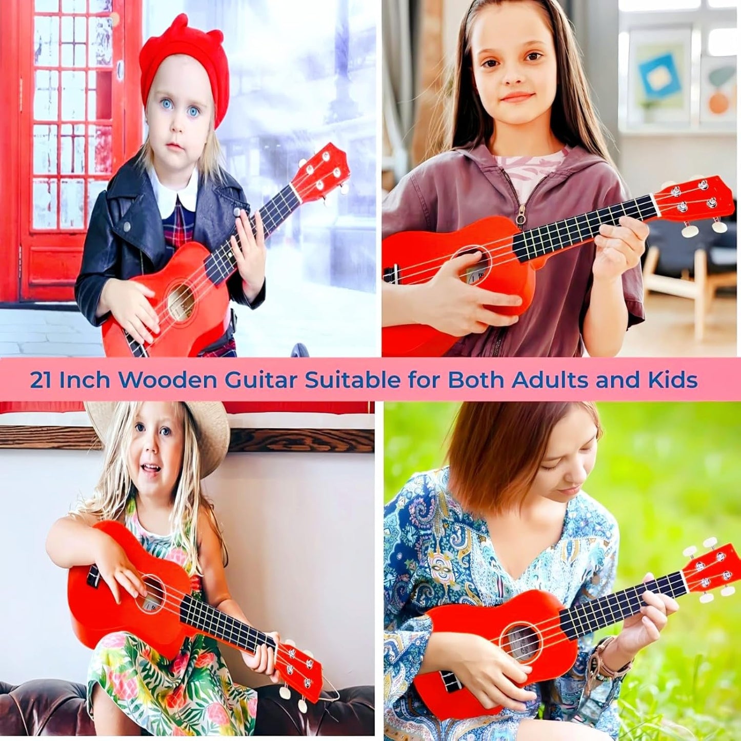 Kids Child Children Wooden Acoustic Guitar Ukulele 21 Inch 4 String Musical Instruments Perfect For Beginner (Red)