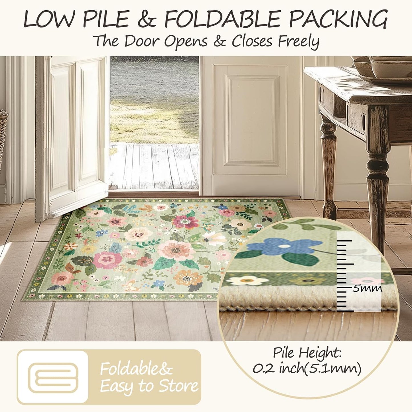 Floral 9x12 Area Rug Machine Washable Soft Print Boho Carpet Non Slip Doormat Low Pile Flower Area Rugs for Living Room Bedroom Nursery Kitchen Dining Room Indoor-Light Green