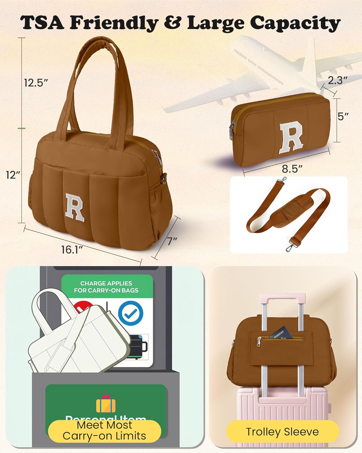 College Girl Gift-Duffle Bag with Letter, Carry On Bags for Women，Overnight Bag with Wet Pocket，Lightweight Travel Bags Personalized Gym Tote with Makeup Pouch