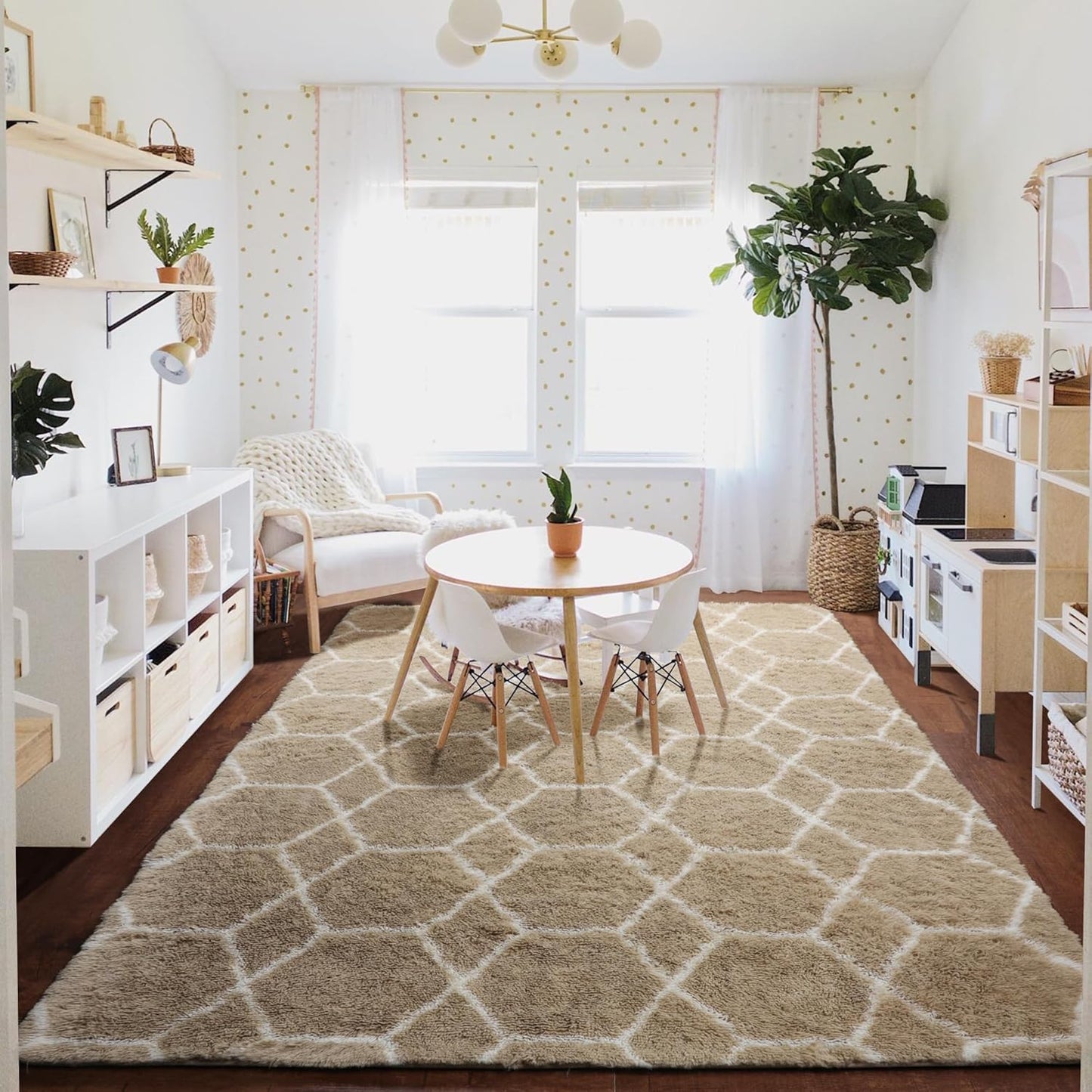 ONASAR 5x7 Area Rugs for Living Room Bedroom, Washable Fluffy Beige and White Shag Rug, Geometric Boho Soft Plush Shaggy Floor Carpet Mat for Nursery Kids Girls Boys Teen Dorm Home Decor Aesthetic