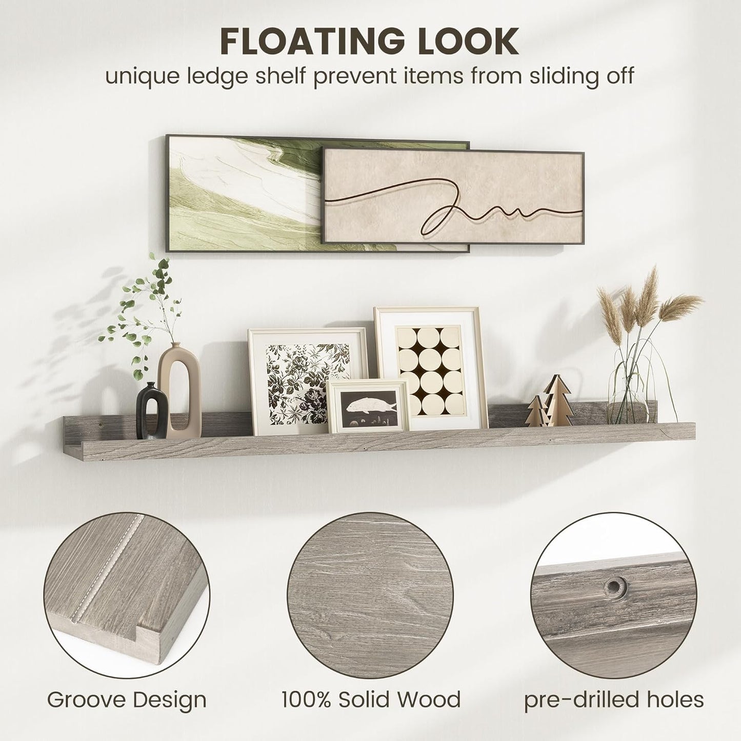 Picture Ledge Shelf, 56 Inch Elm Wood Floating Shelves for Wall, Nursery Bookshelf for Storage with Lip, Photo & Picture Ledge Shelves for Bedroom, Living Room, Kitchen (Grey, 56in Set of 2)