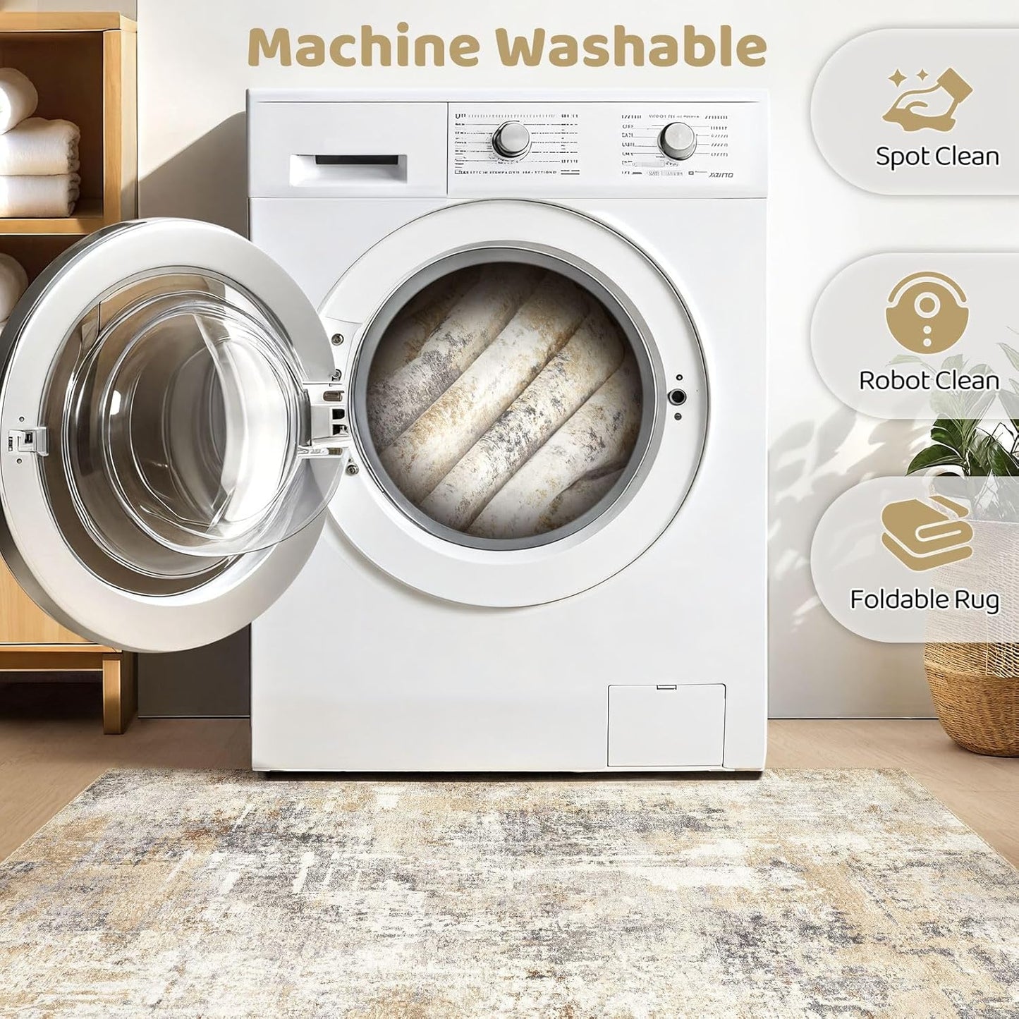 Round Rug Living Room Rugs: 8Ft Washable Circle Large Abstract Modern Soft Stain Resistant Non Slip Indoor Floor Carpet for Bedroom Nursery Office Dining Room Dorm Home House Decor- Gray Gold