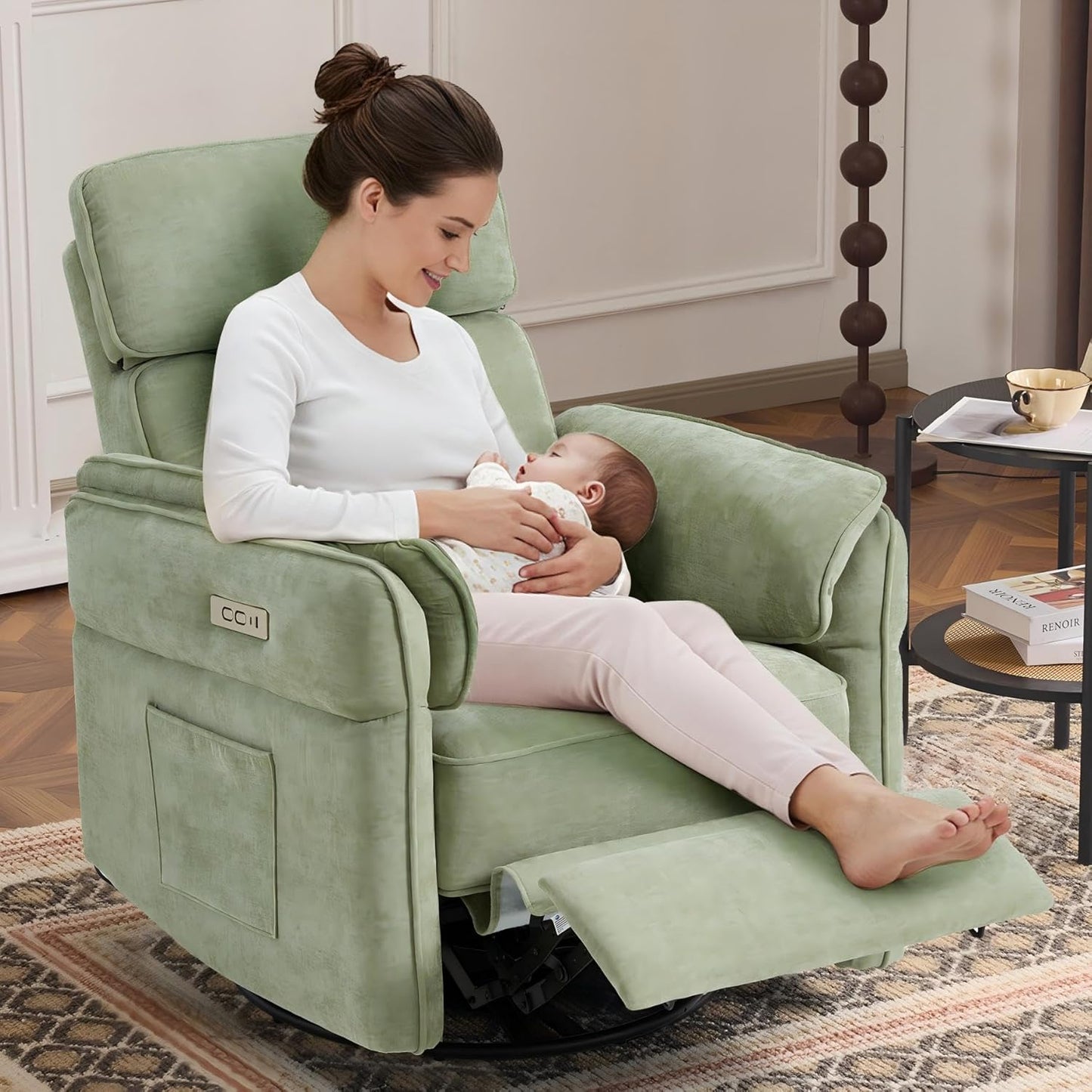 MELLCOM Power Recliner Rocking Chair Nursery Gliders with Adjustable Armrests and Headrest, Swivel Electric Glider Reclining Nursing Chair with USB Port and Storage Bags, FSC Certified(Fabric, Green)