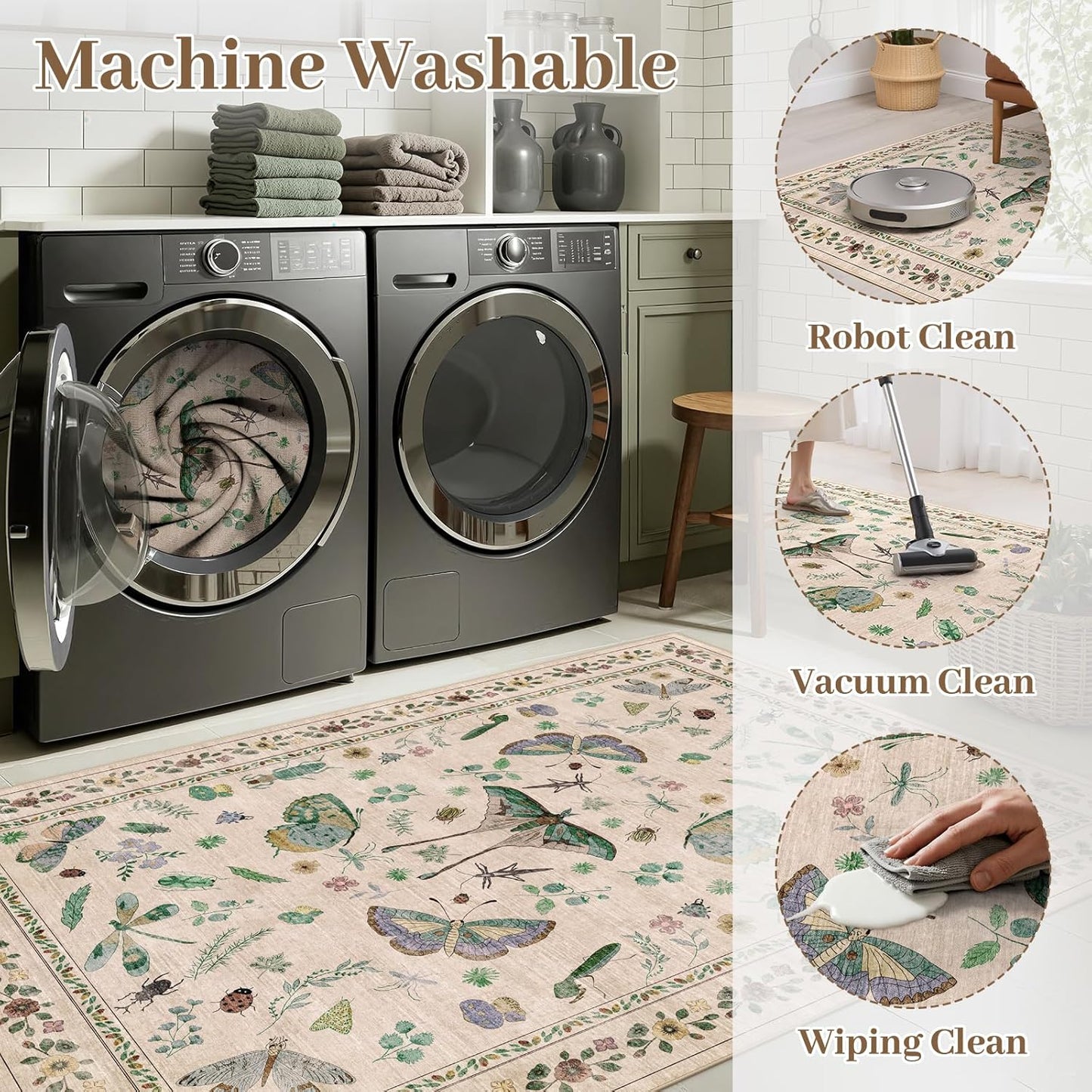 8x10 Area Rugs with Insect Print - Bug Rug Non-Shedding Stain Resistant Soft Carpet for Bedroom, Low Pile Ultra-Thin Machine Washable Carpet for Dining Room, Kids Nursery, Office (8'x10' Beige)