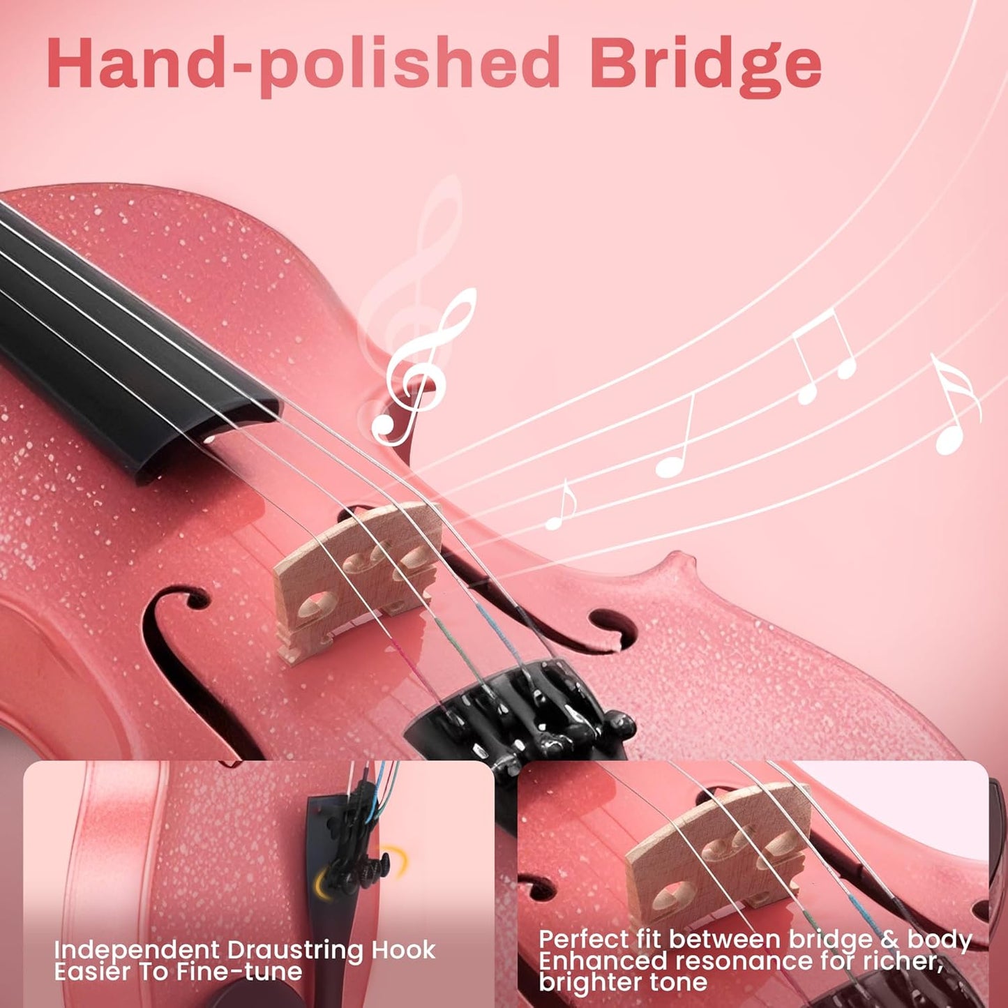 Poseidon Violin for Beginner, Pink Violin Set with Acoustic Violin Fiddle for Students Violin Starter Kit/Hard Case, Bow, Rosin, Horse Bridge, Extra Strings, Shoulder Rest, Tuner, Instruction Manual