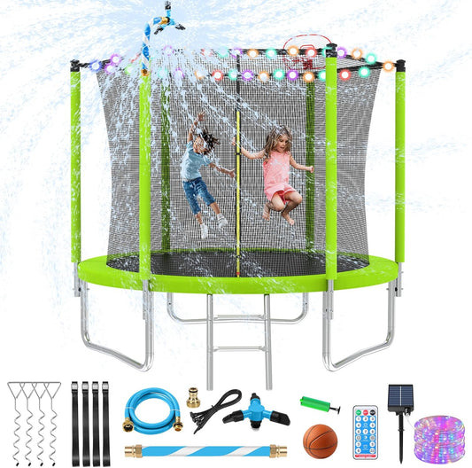 Upgraded 10/12/14/15/16FT Trampoline Outdoor, Large Kids Trampoline with Light, Stakes, Sprinkler, Backyard Trampoline with Basketball Hoop and Net, Capacity for 4-6 Kids and Adults