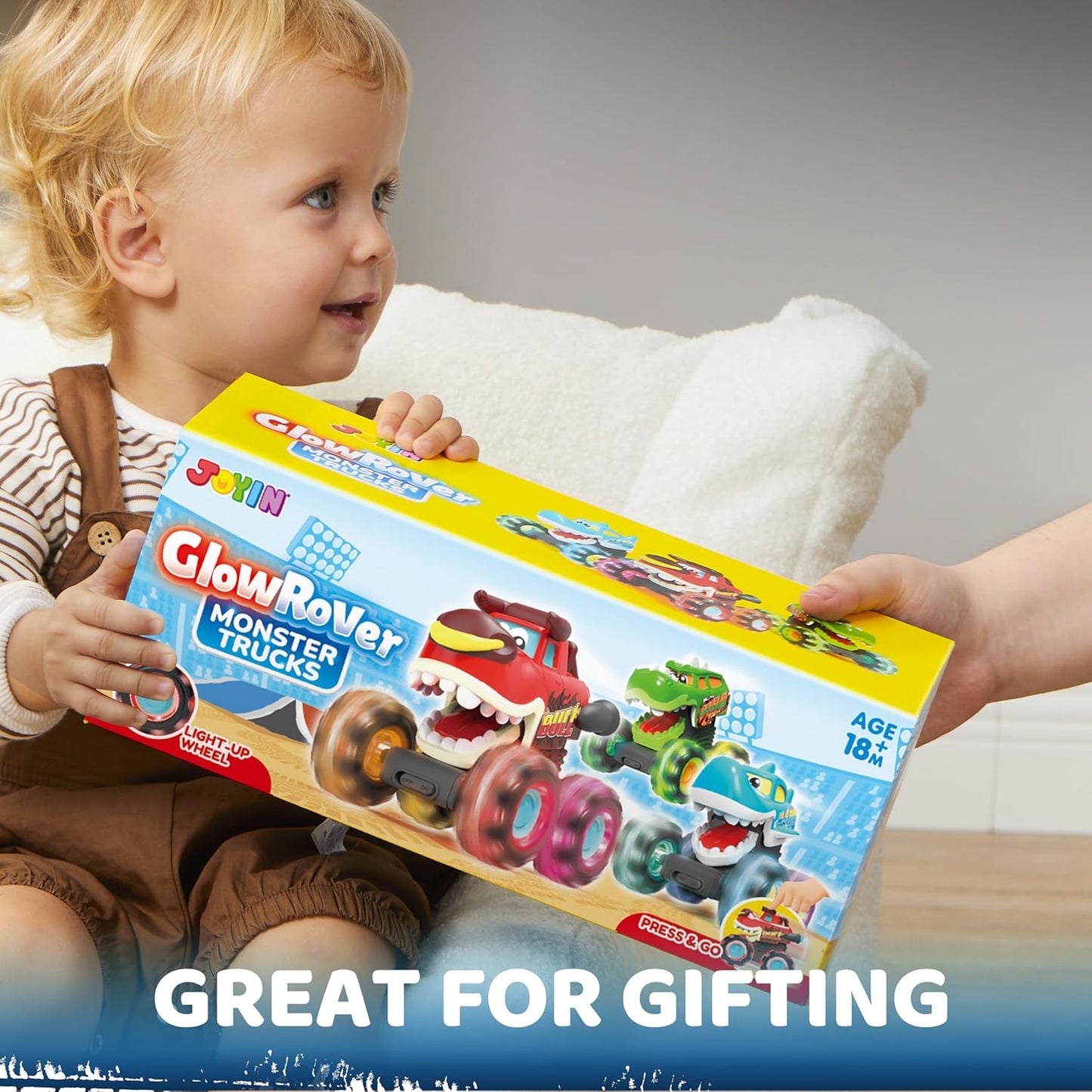 JOYIN 3 Pack Monster Truck Toy - Motion Activated Light-Up Cars for Toddlers - Monster Treads Lightning Wheels - Baby Toy Present - Press & Go Cars for Boys Girls Birthday Gifts