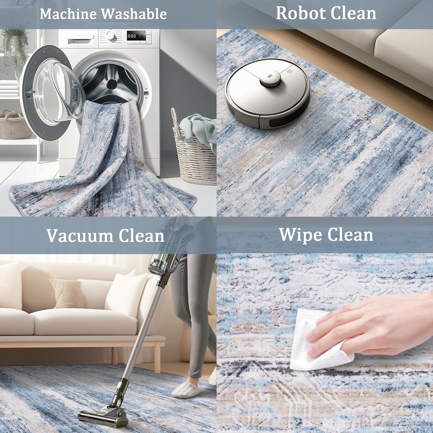 8x10 Area Rug Living Room Rugs - Washable Rug Large Modern Abstract Soft Thin Carpets Indoor Floor No Slip Vintage Carpet for Bedroom Under Dining Table Nursery Home Office Decor Blue