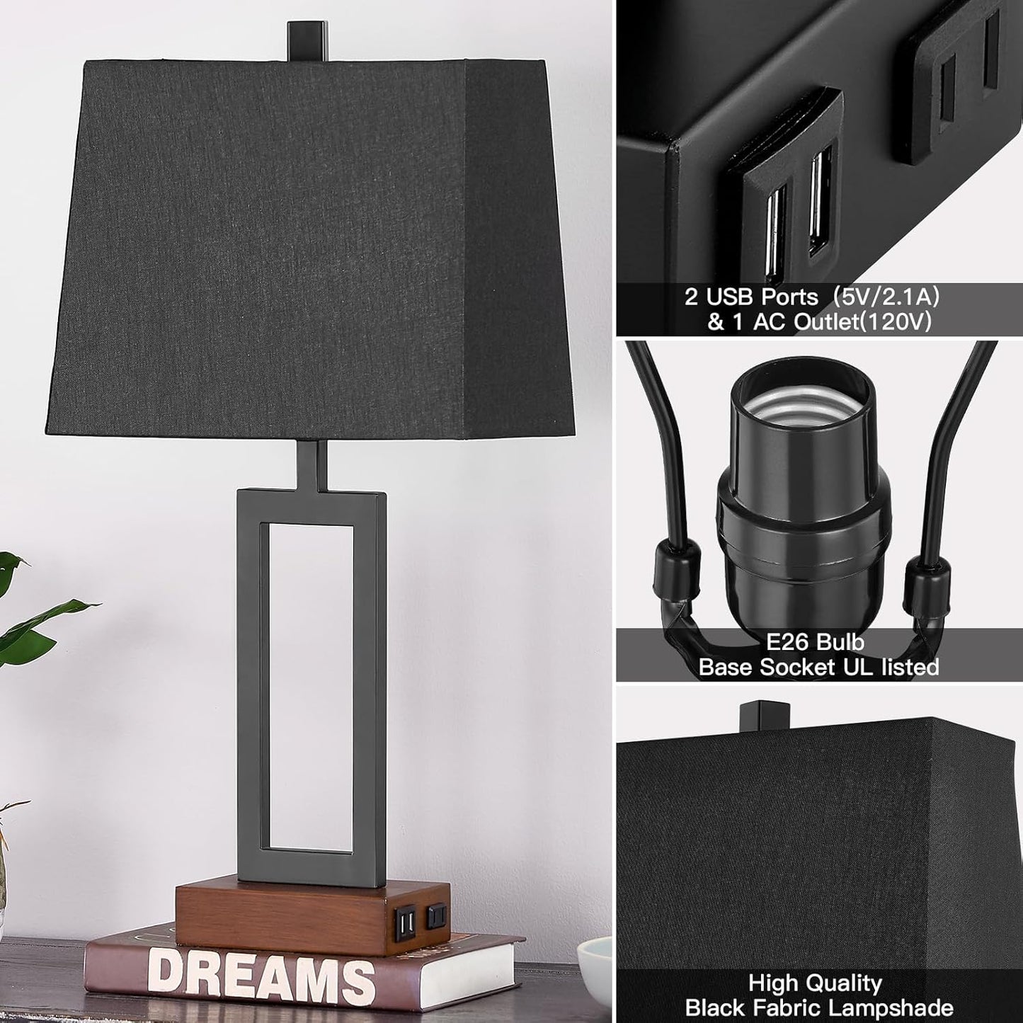 Touch Control Table Lamps Set of 2, Modern Bedside Lamps with 2 USB Charging Ports & AC Outlet, 3-Way Dimmable Wood Nightstand Lamp for Living Room Bedroom End Table Office Black(2 LED Bulbs Included)