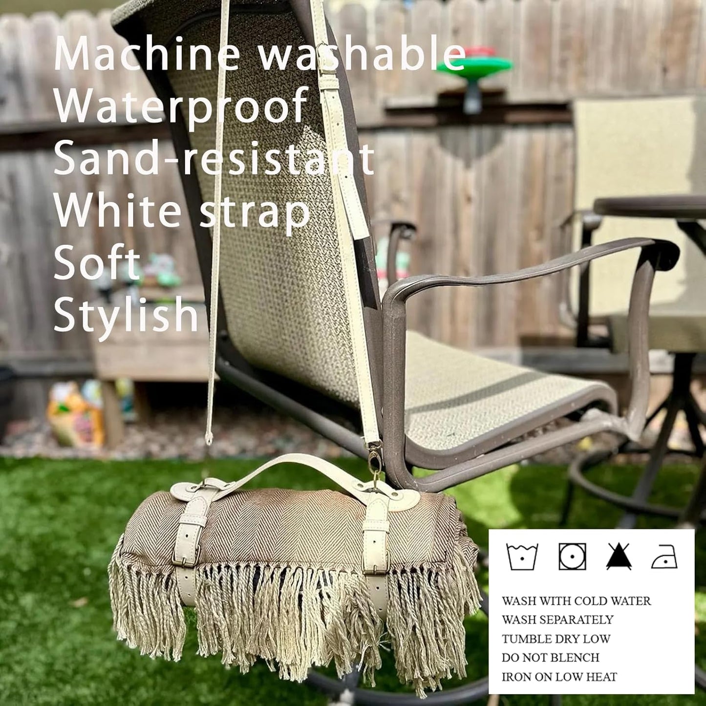 Picnic Blanket Extra Large Waterproof with Strap 59"x79" - Machine Washable Tassels Faux Wool Cashmere for Park, Grass, Camping, Hiking, Concerts (Deep Tan with white shoulder strap, 59"X79")