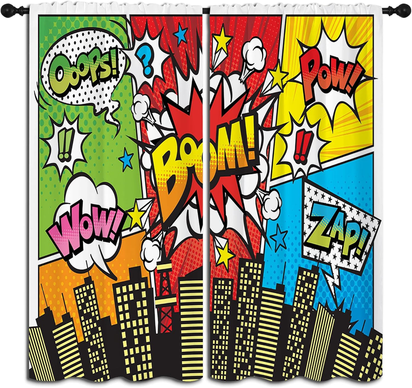 Superhero City Wars Explosion Rod Pocket Blackout Curtains for Boy Girl Bedroom, Colorful Comics Ar Home Energy Efficient Light Filtering Window Curtain for Living Room, 42x63 inch