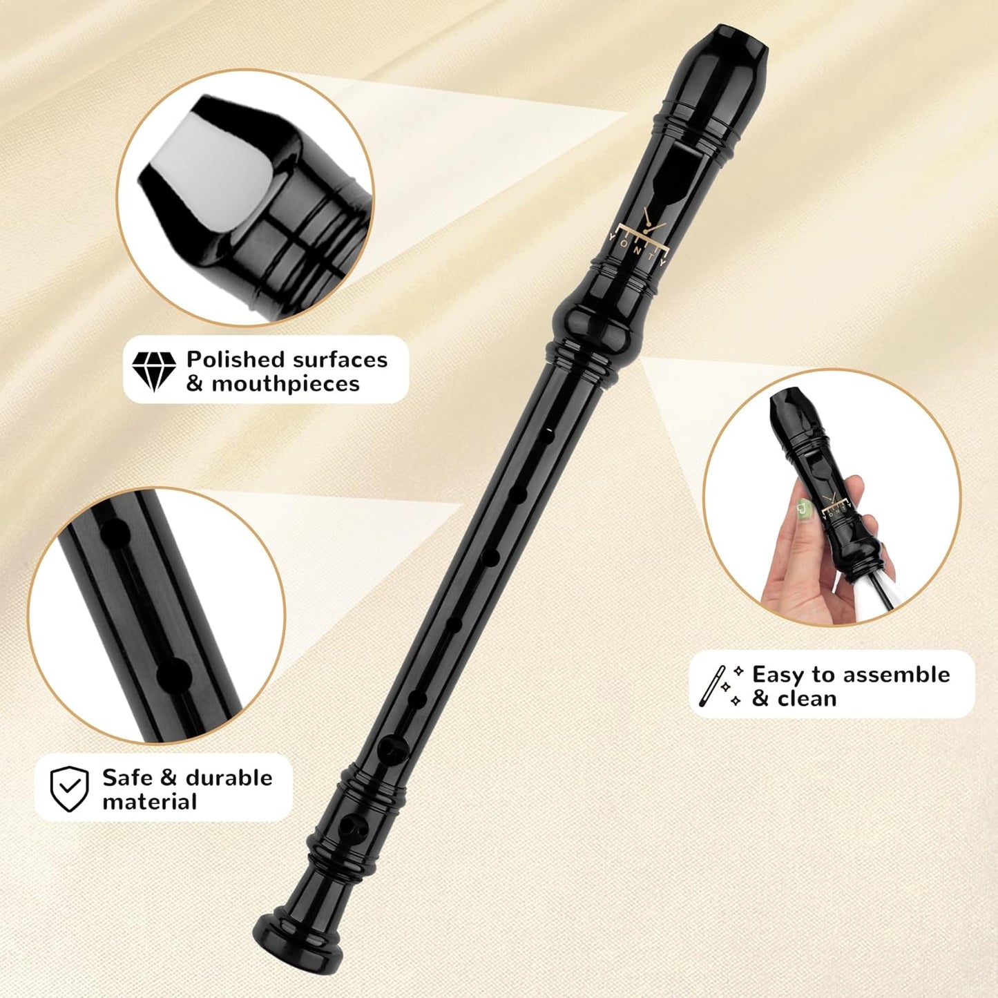 Soprano Recorder 8-Hole Instrument for Beginners Kids Students, Baroque Style C Key Flute with Cleaning Rod & acking Bag for Education & Entertainment-Obsidian