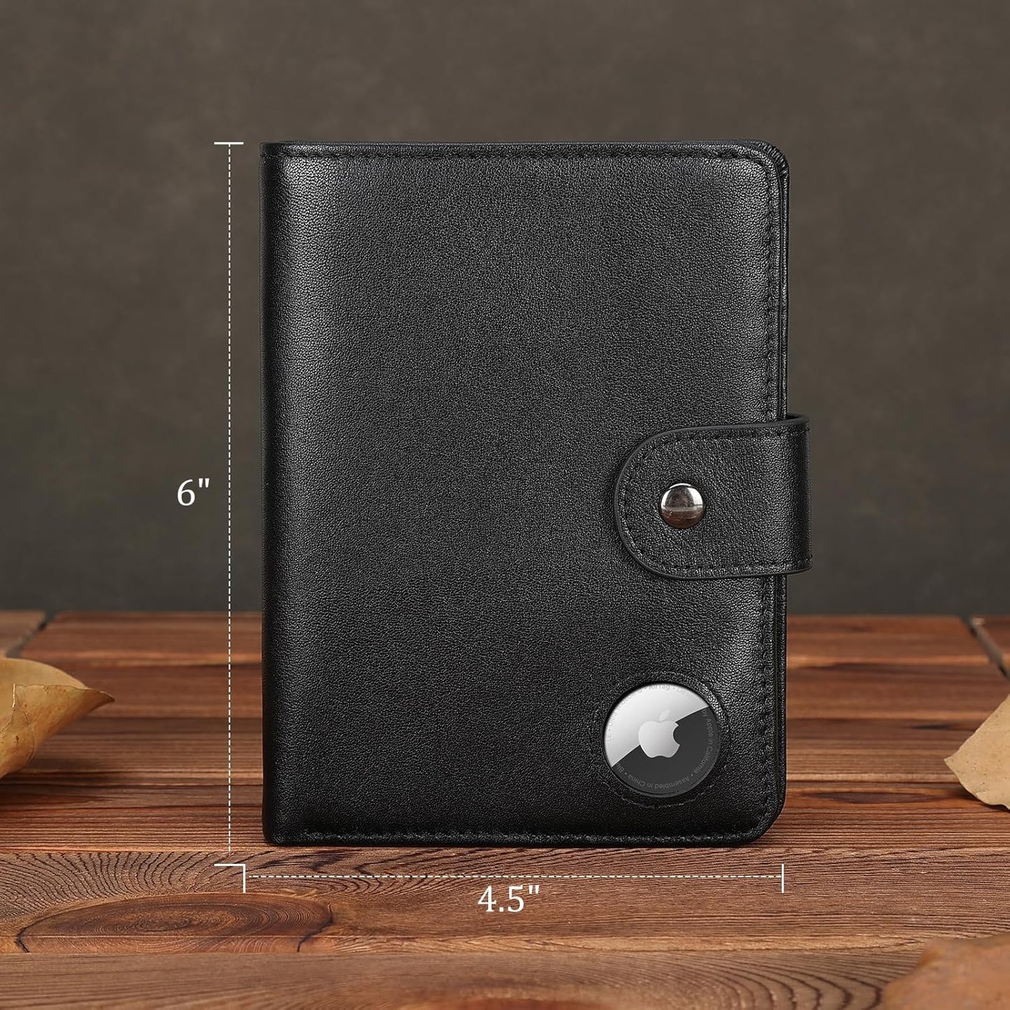 Polare Luxury RFID Blocking Leather Passport Holder Travel Wallet For Men and Women (Black with AirTag Slot(Snap Version))