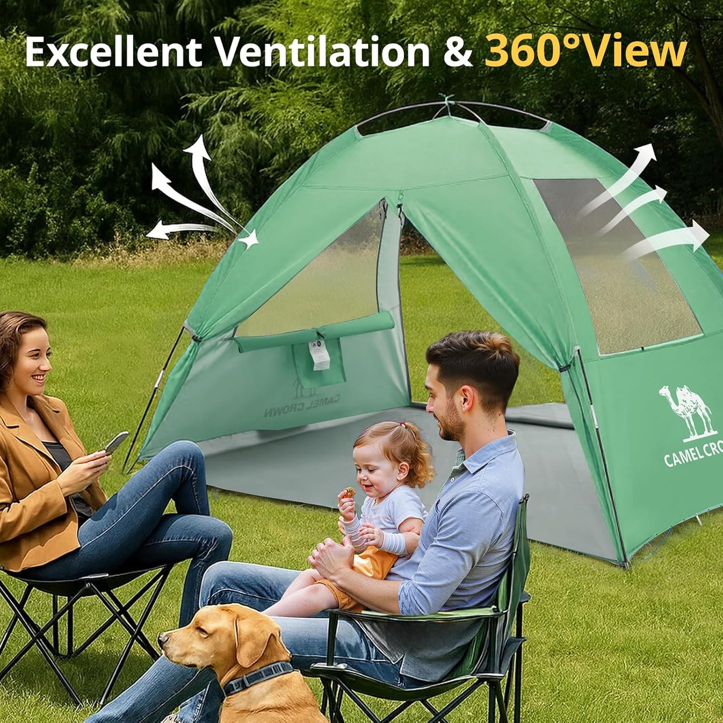 CAMEL CROWN Beach Tent UPF 50+ Sun Shelter for 2/3/5/6 Person, Lightweight Portable Sun Shade with Sand Anchor, Family Beach Day & Outdoor Adventures