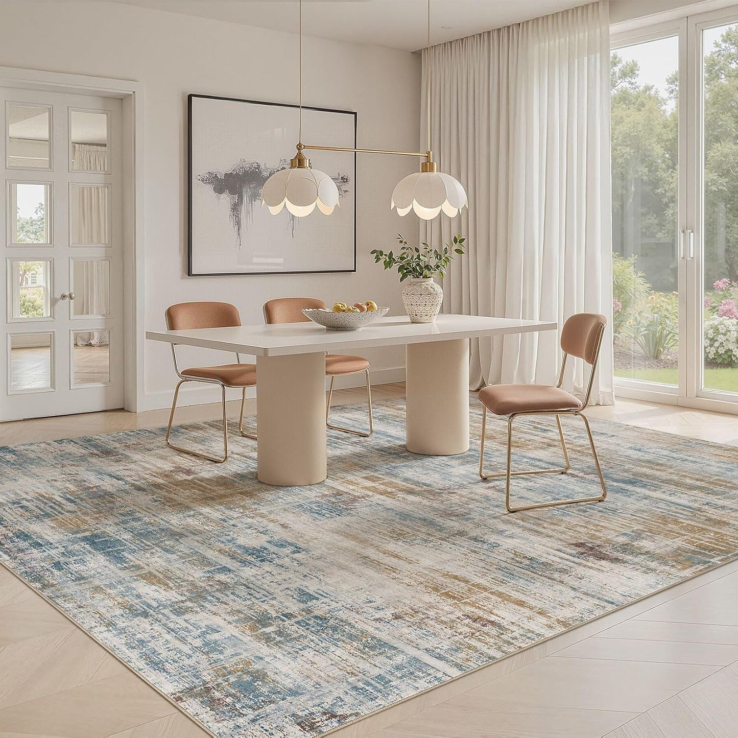 Area Rug for Living Room: 10x12 Washable Neutral Abstract Modern Soft Rugs Non Slip Indoor Floor Stain Resistant Large Carpet for Bedroom Dining Room Office Nursery - Blue Brown