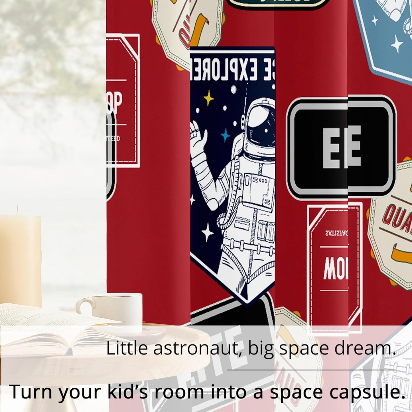 Kids Space Astronaut Blackout Curtains - 100% Blackout, Thermal Insulated, Noise Reducing, Perfect for Kids Room and Nersury, 2 Panels (Space Badge Crew, W52×L84)